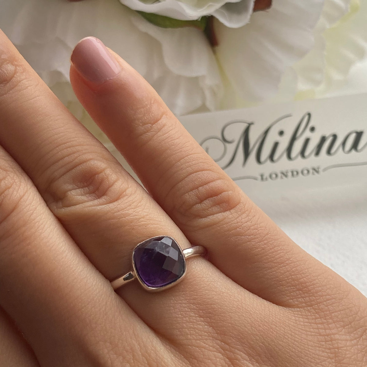 Faceted Square Cut Gemstone Sterling Silver Ring - Amethyst