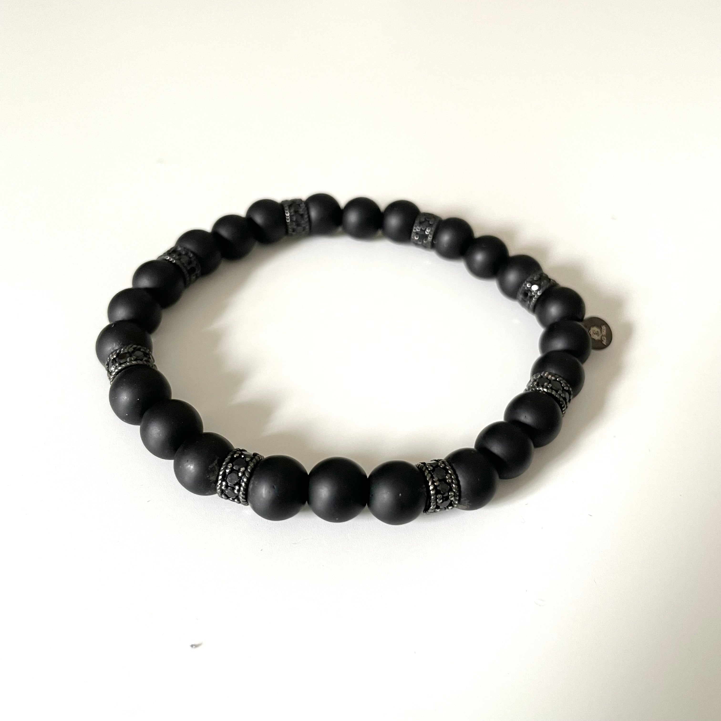 Matte Black Onyx Bead Bracelet with Zirconia Faceted Ruthenium-Plated Spacers