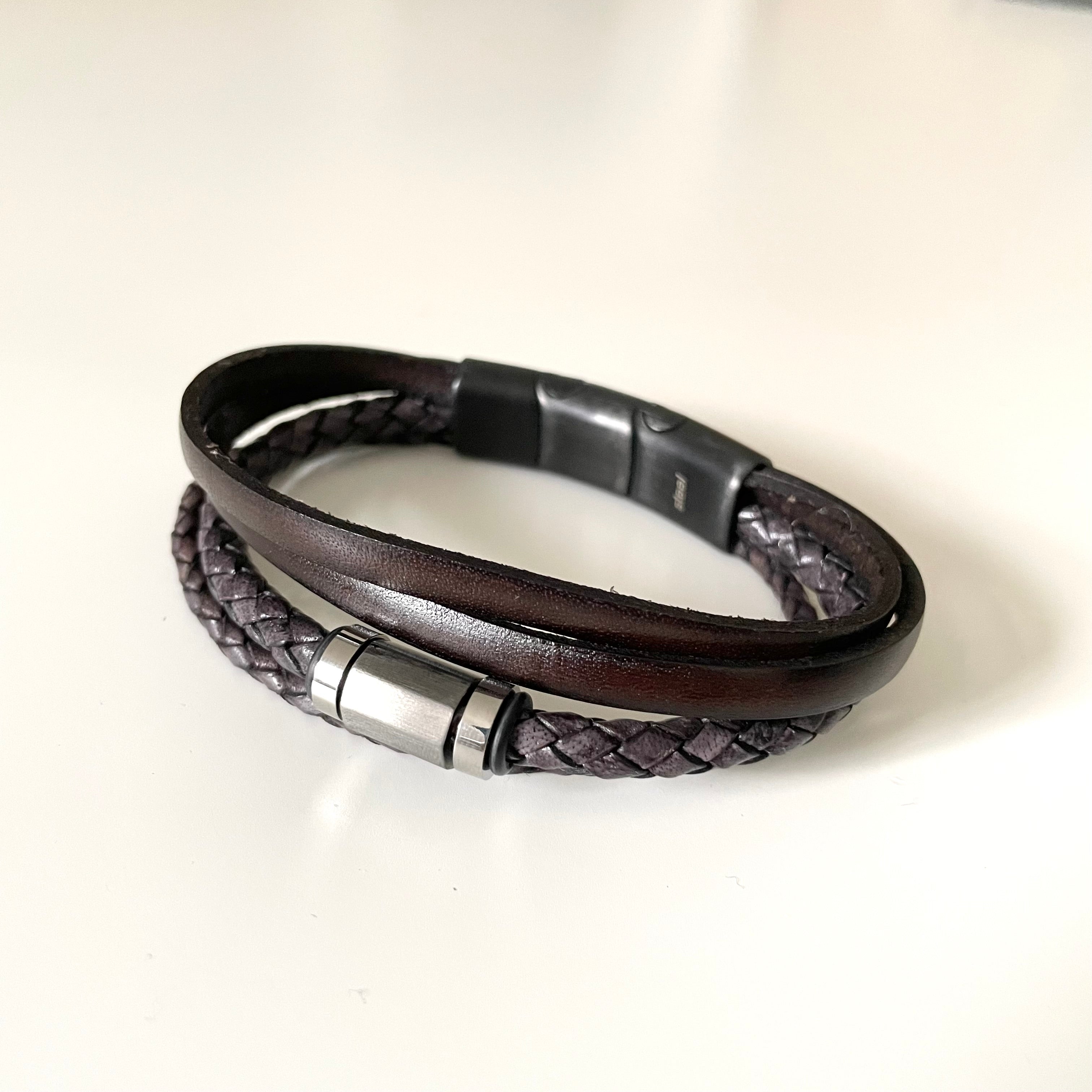 Black Nappa Leather 3 Strap Braided and Flat Band Bracelet with a Stylish Large Steel Spacer and Magnetic Clasp in Black Satin Finish