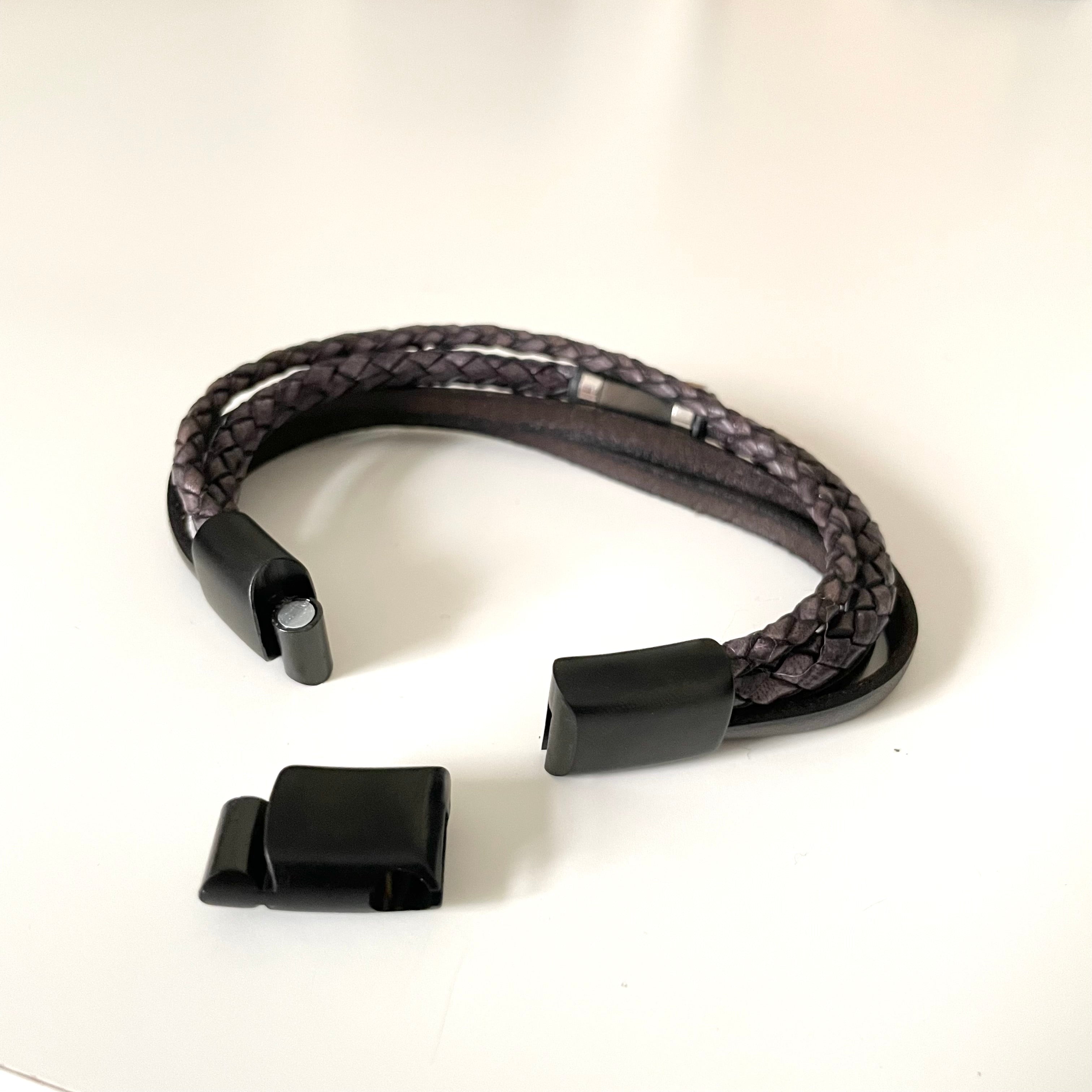 Black Nappa Leather 3 Strap Braided and Flat Band Bracelet with a Stylish Large Steel Spacer and Magnetic Clasp in Black Satin Finish