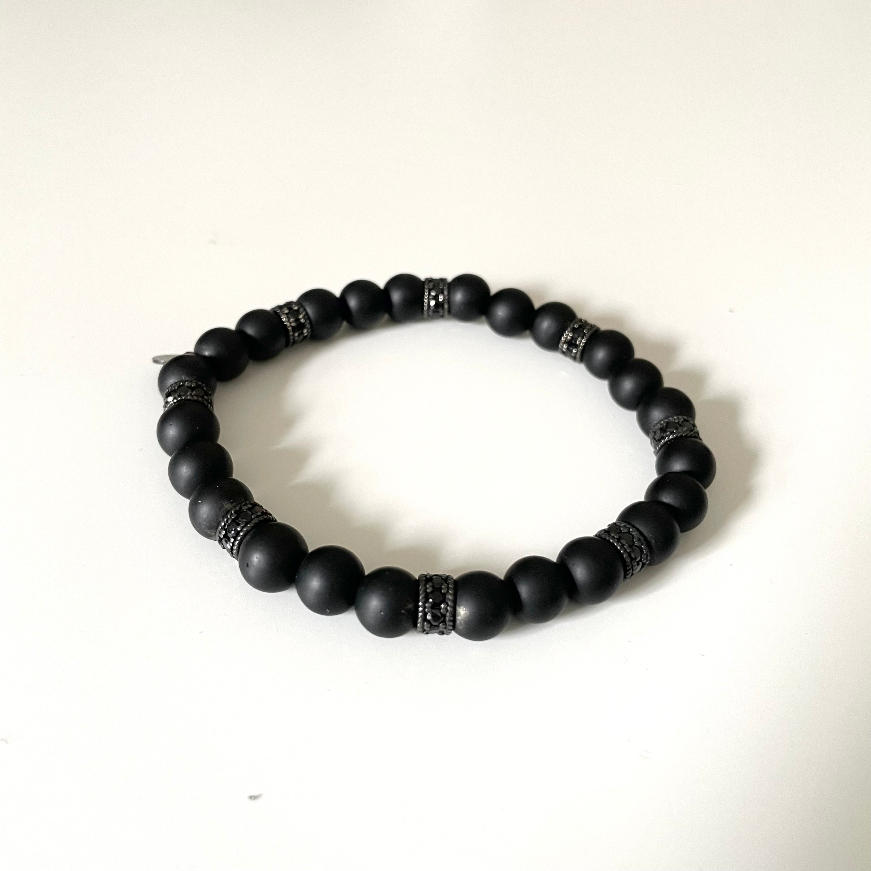 Matte Black Onyx Bead Bracelet with Zirconia Faceted Ruthenium-Plated Spacers