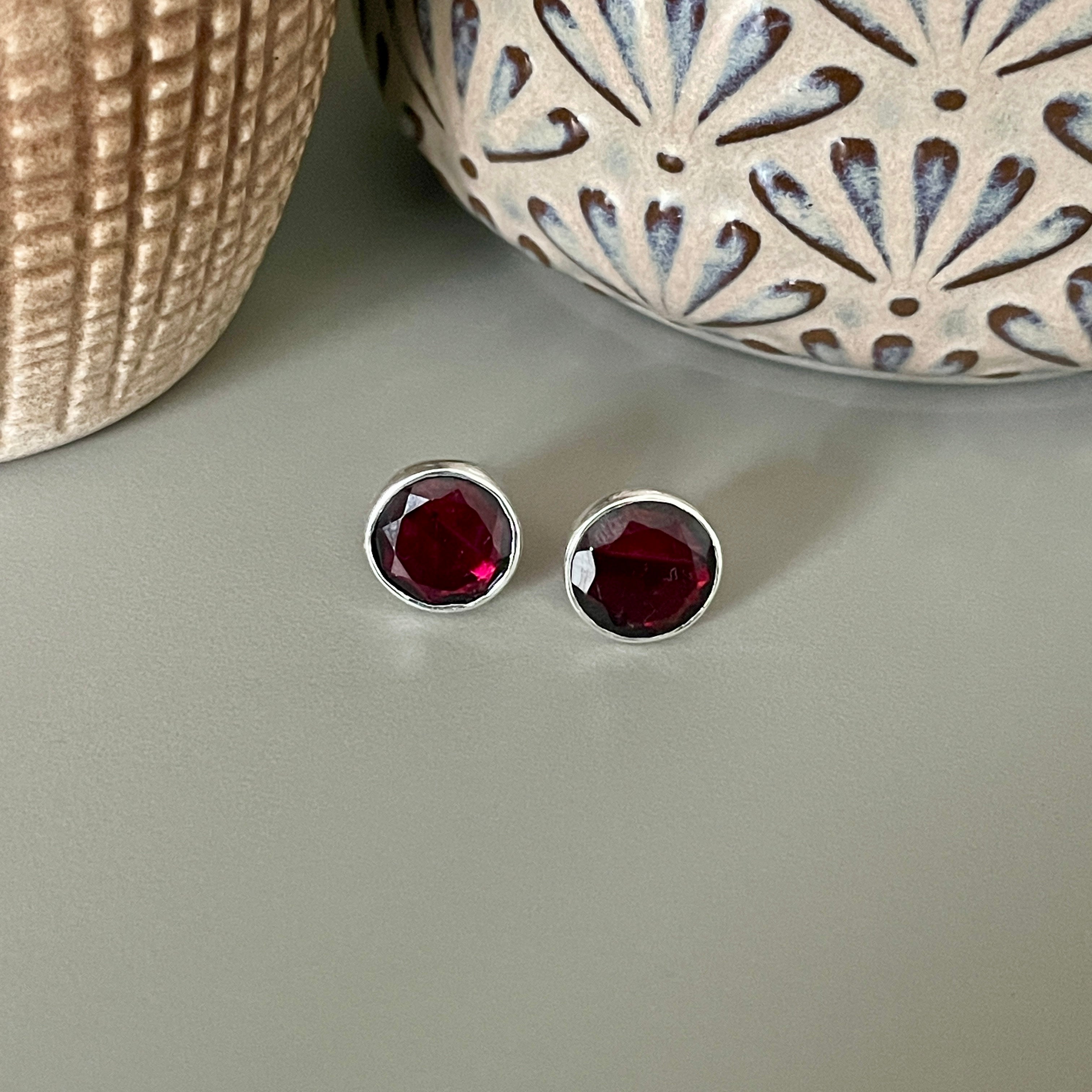 Garnet Studs in Sterling Silver with a Round Faceted Gemstone - Milina London