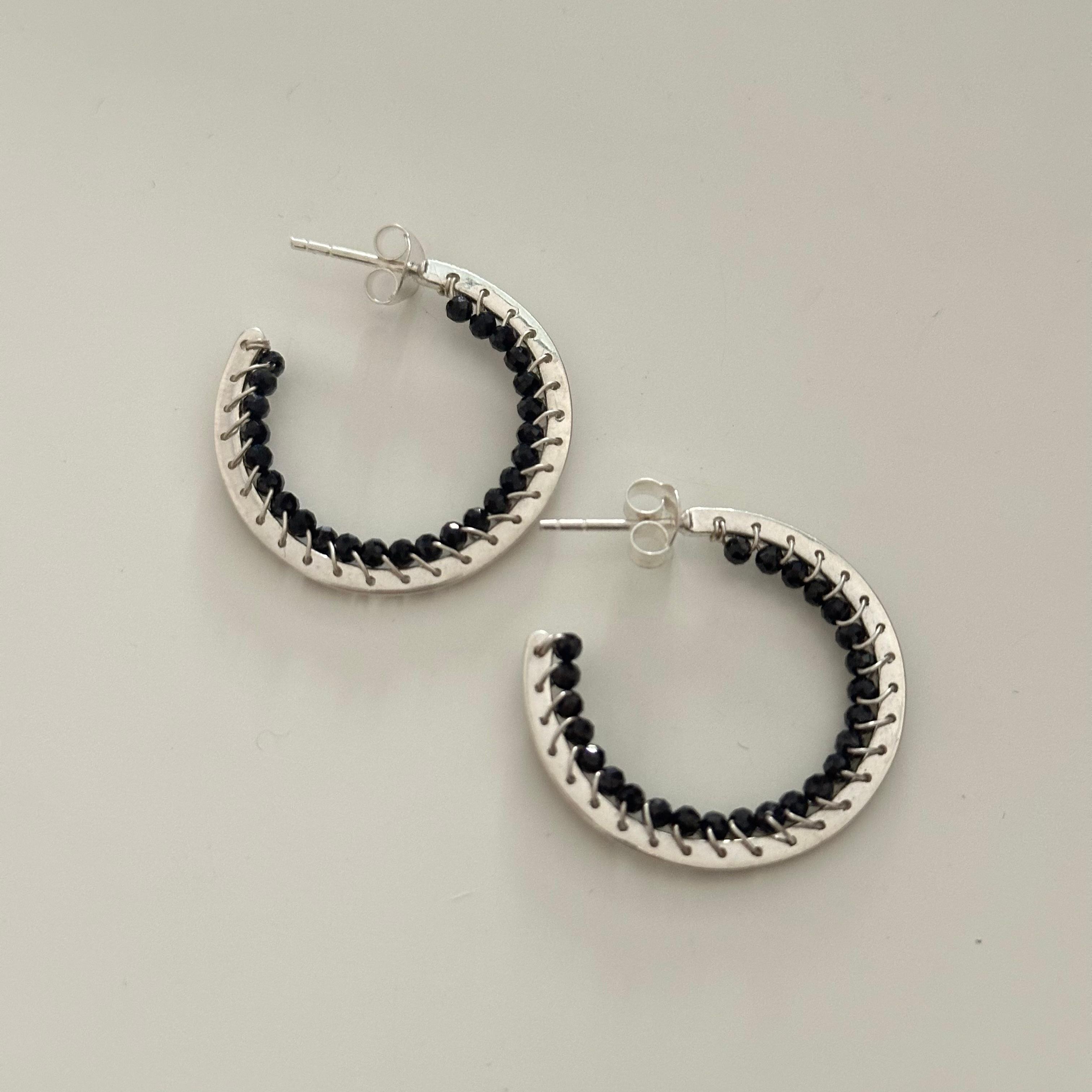 Hoop Earrings in Sterling Silver with Black Spinel Gemstone - Milina London