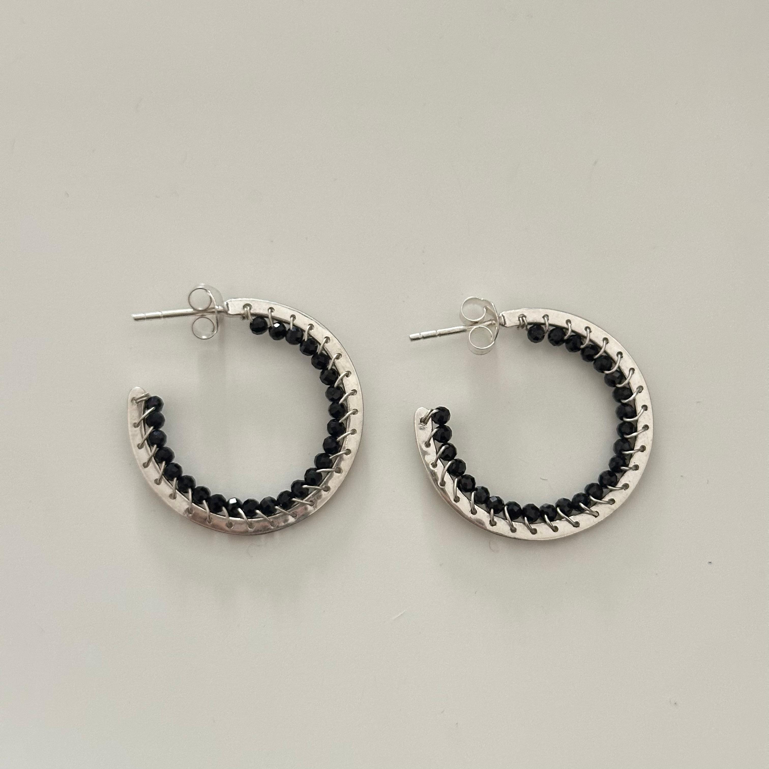 Hoop Earrings in Sterling Silver with Black Spinel Gemstone - Milina London