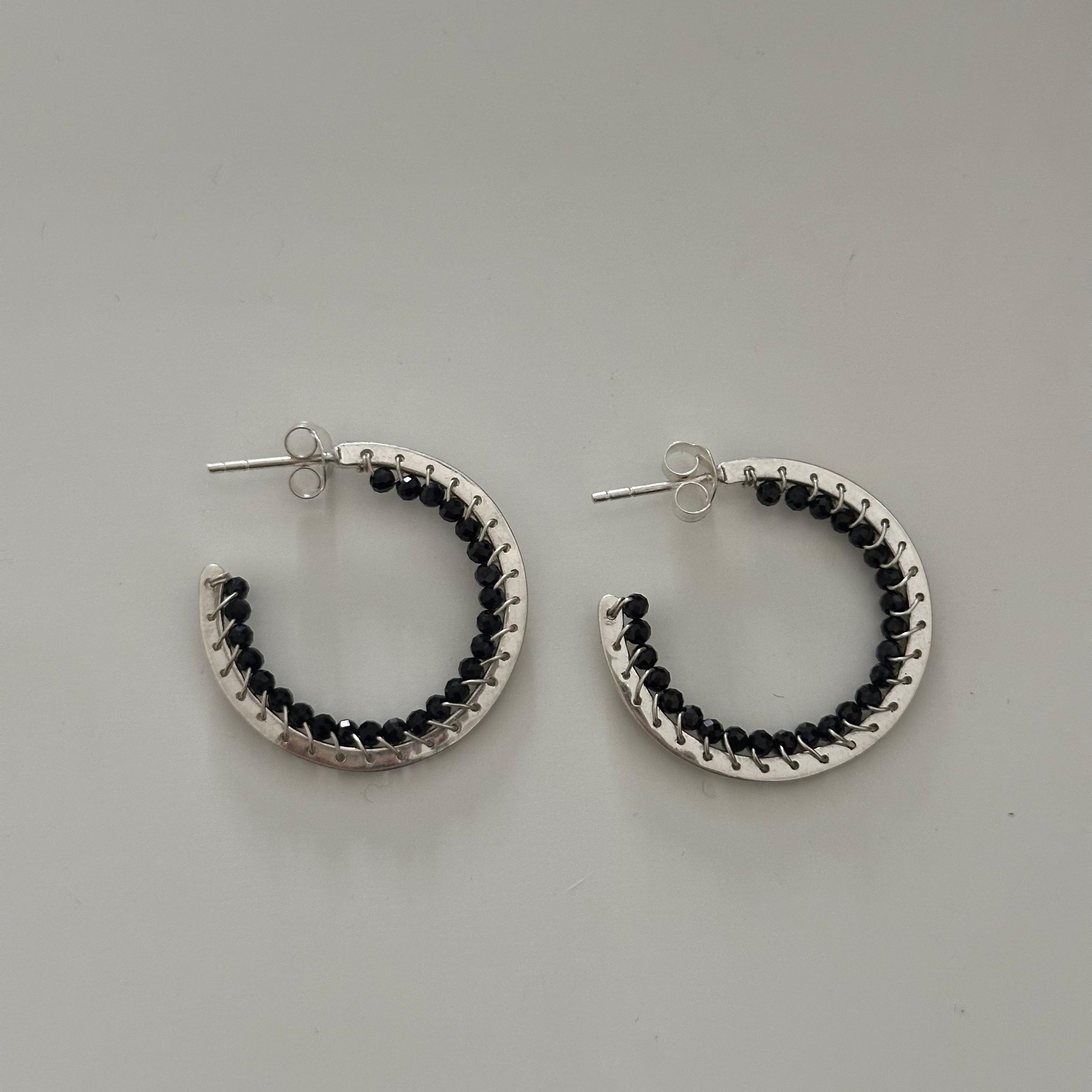 Hoop Earrings in Sterling Silver with Black Spinel Gemstone - Milina London