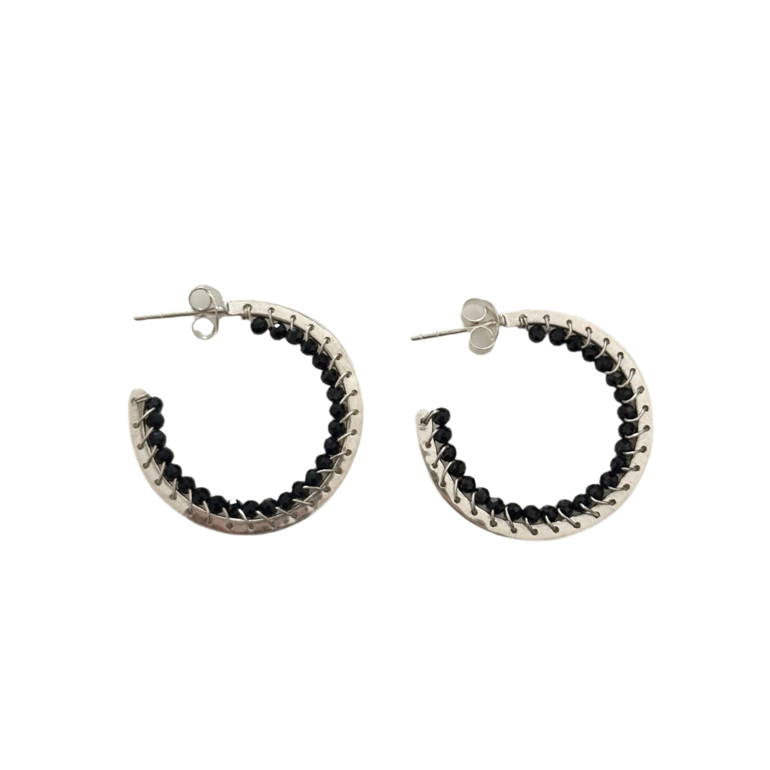 Hoop Earrings in Sterling Silver with Black Spinel Gemstone - Milina London