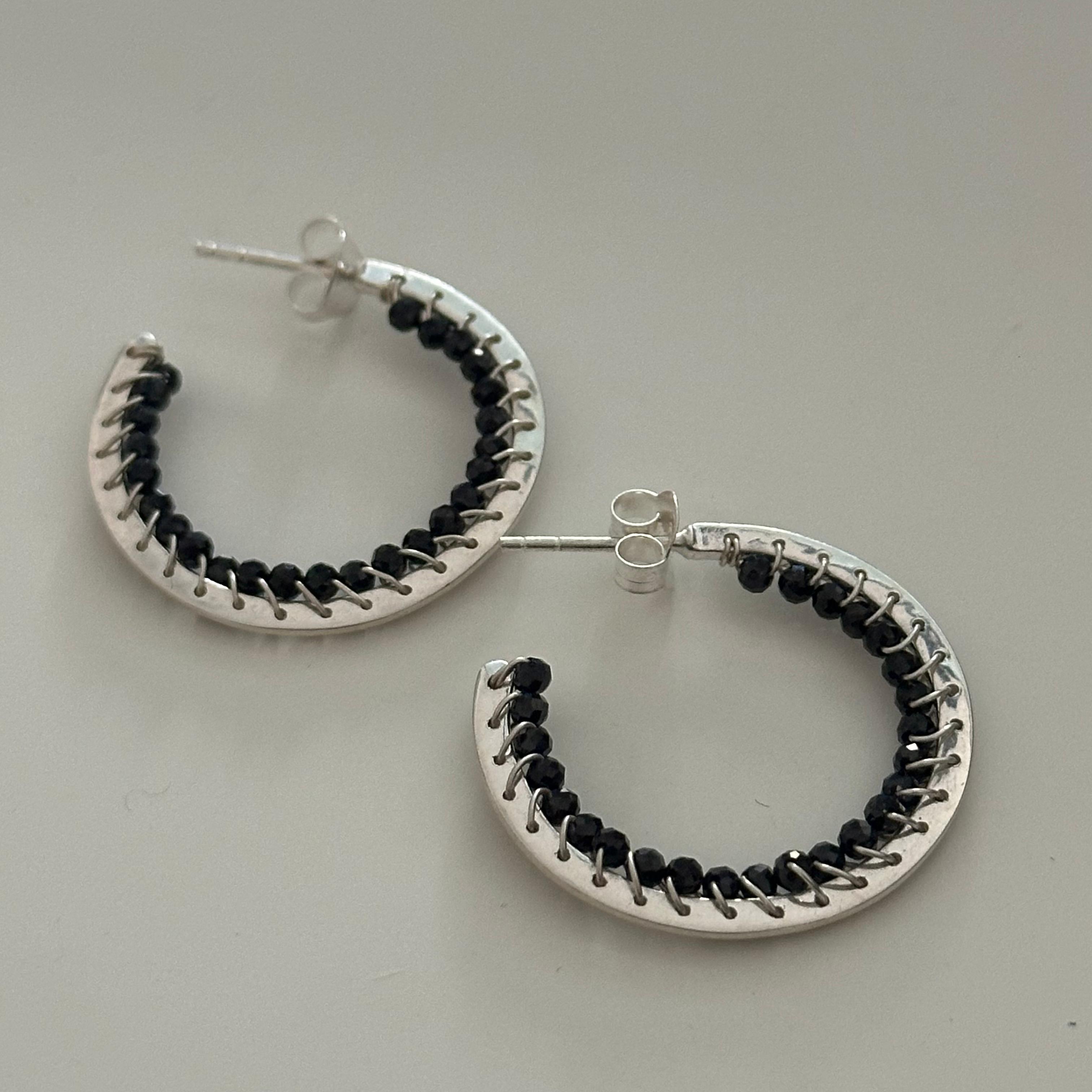 Hoop Earrings in Sterling Silver with Black Spinel Gemstone - Milina London