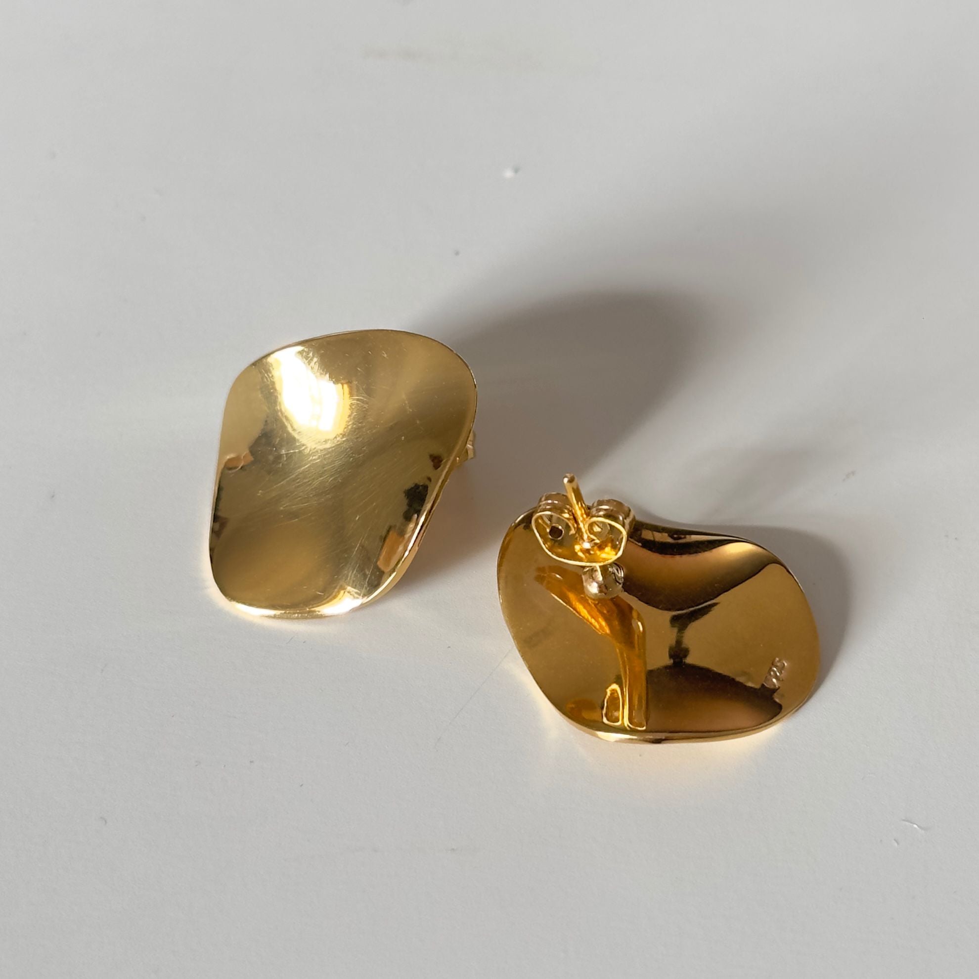 Large Gold Plated Sterling Silver Studs, Organic and Concave in Shape - Milina London