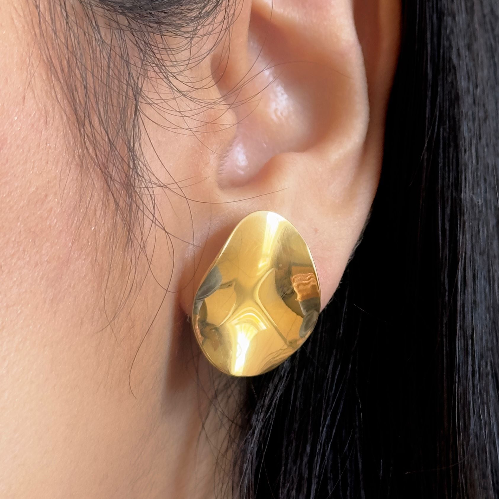 Large Gold Plated Sterling Silver Studs, Organic and Concave in Shape - Milina London