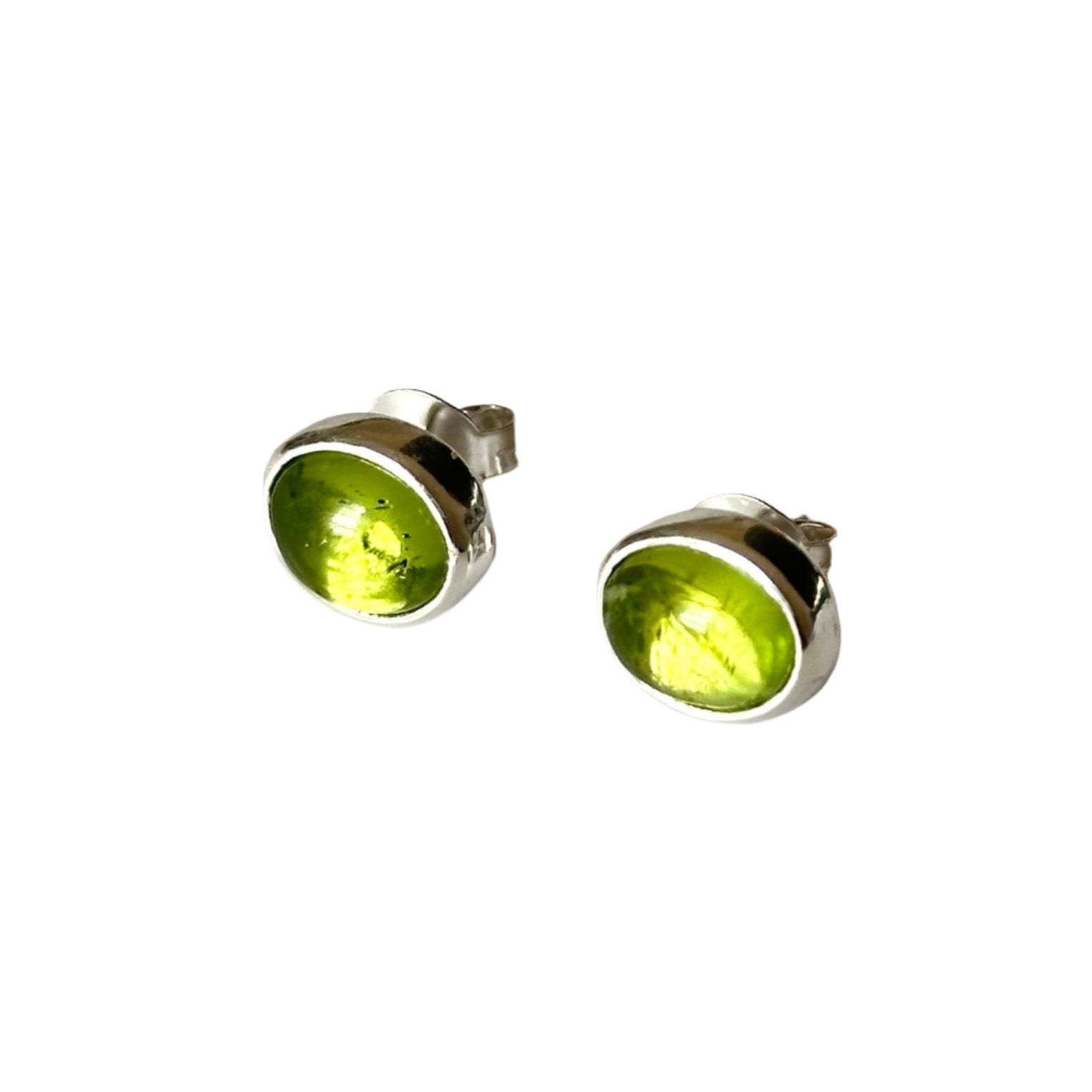 Sterling Silver Oval Stud Earrings with Cabochon Cut Peridot Gemstone