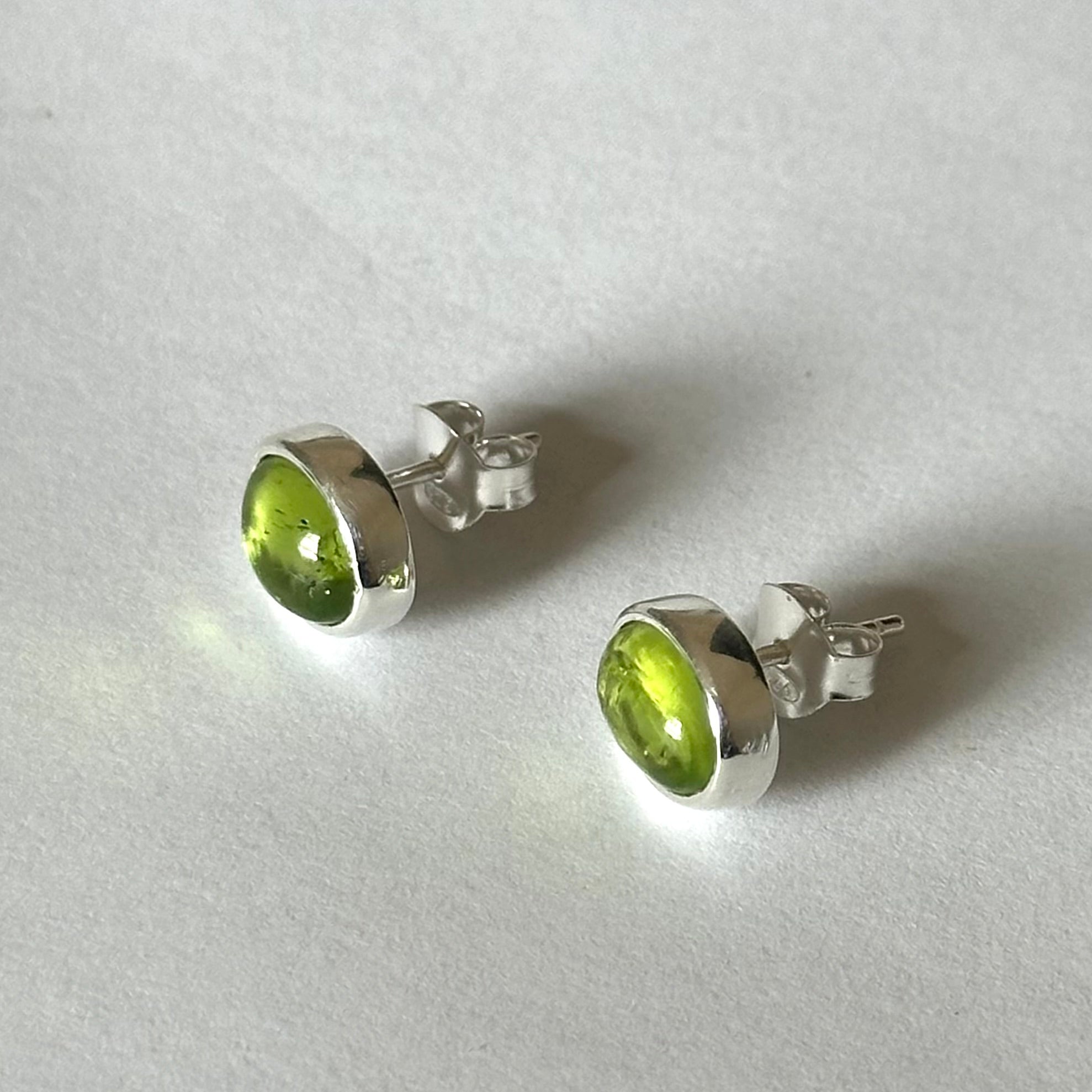 Sterling Silver Oval Stud Earrings with Cabochon Cut Peridot Gemstone