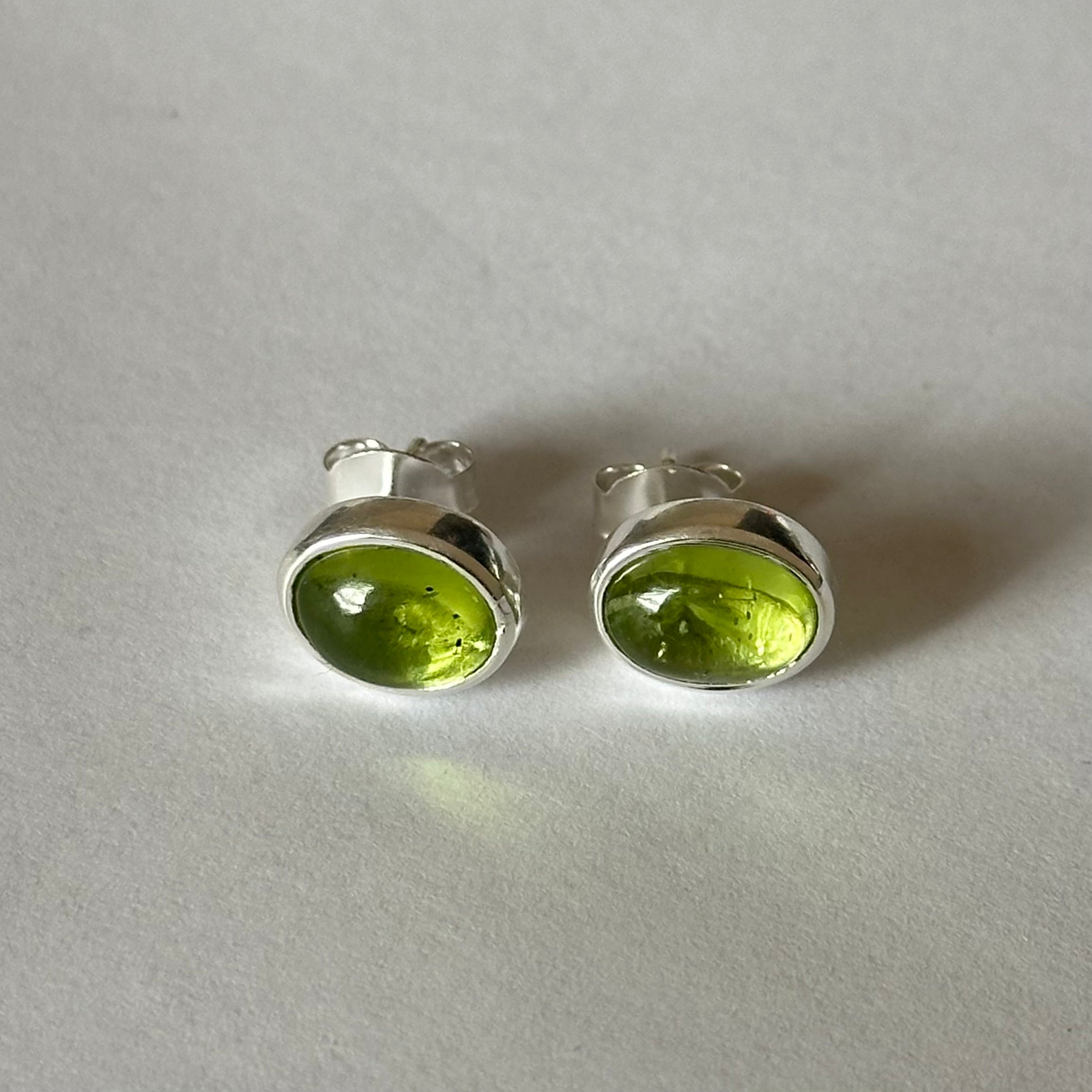 Sterling Silver Oval Stud Earrings with Cabochon Cut Peridot Gemstone