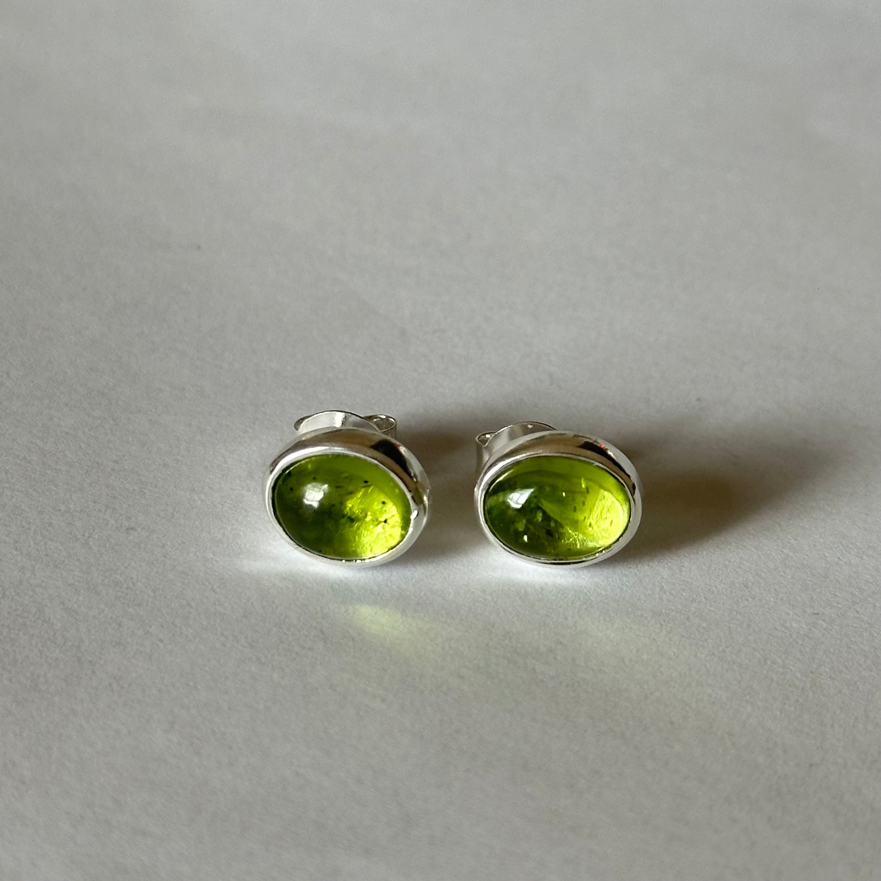 Sterling Silver Oval Stud Earrings with Cabochon Cut Peridot Gemstone