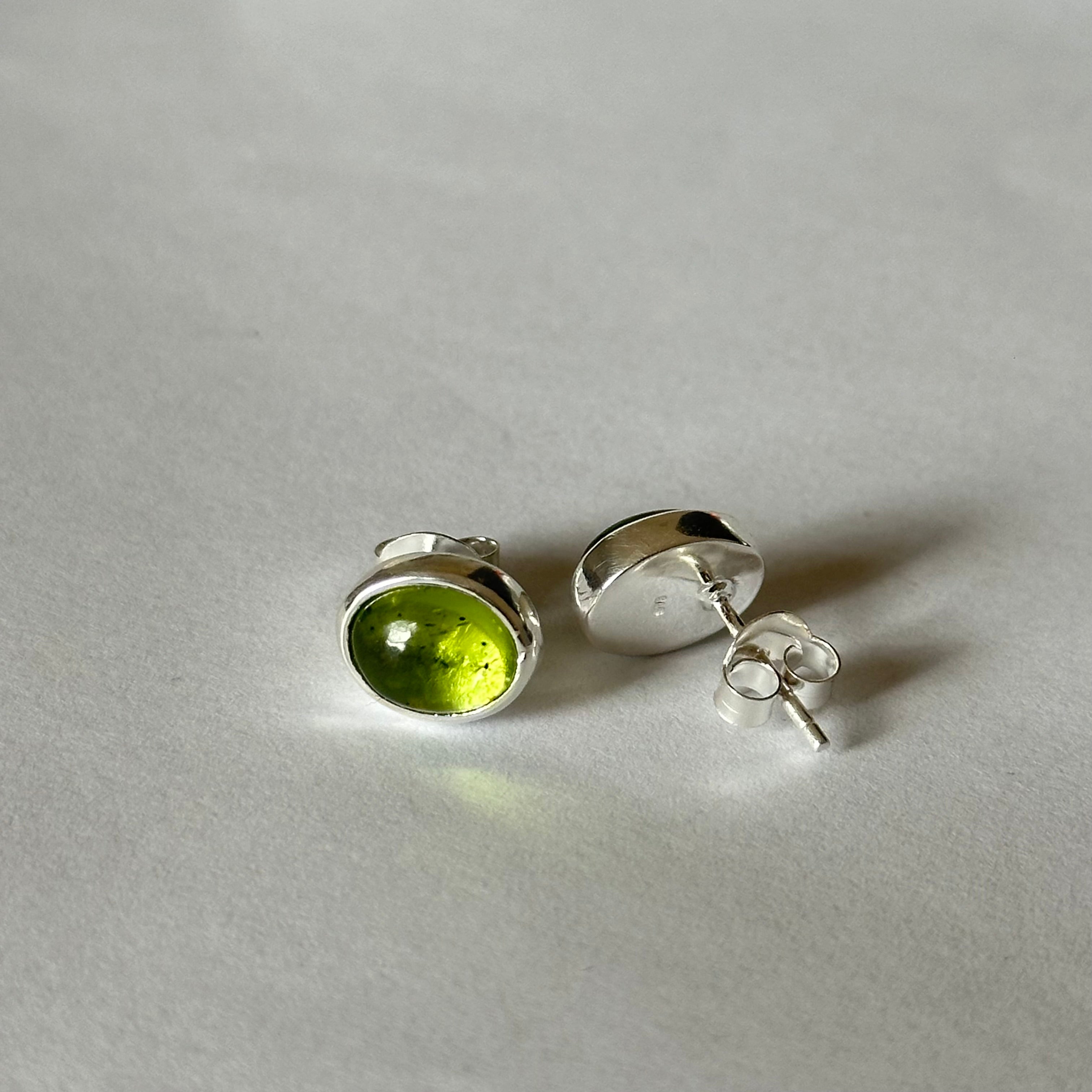 Sterling Silver Oval Stud Earrings with Cabochon Cut Peridot Gemstone