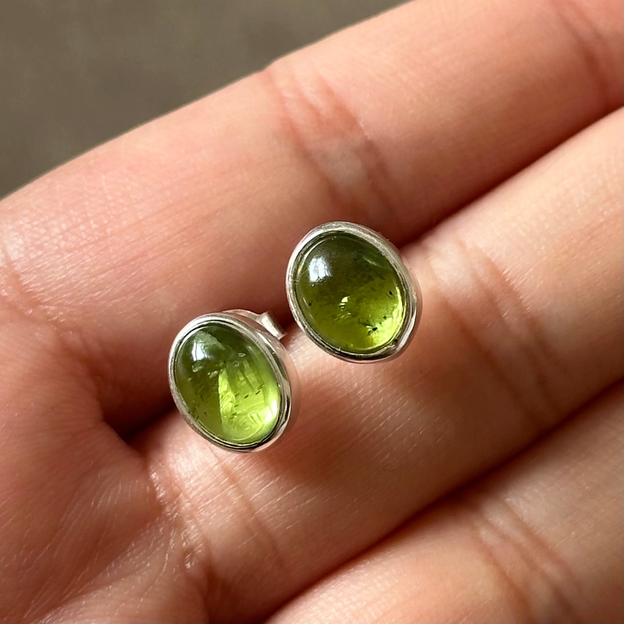 Sterling Silver Oval Stud Earrings with Cabochon Cut Peridot Gemstone