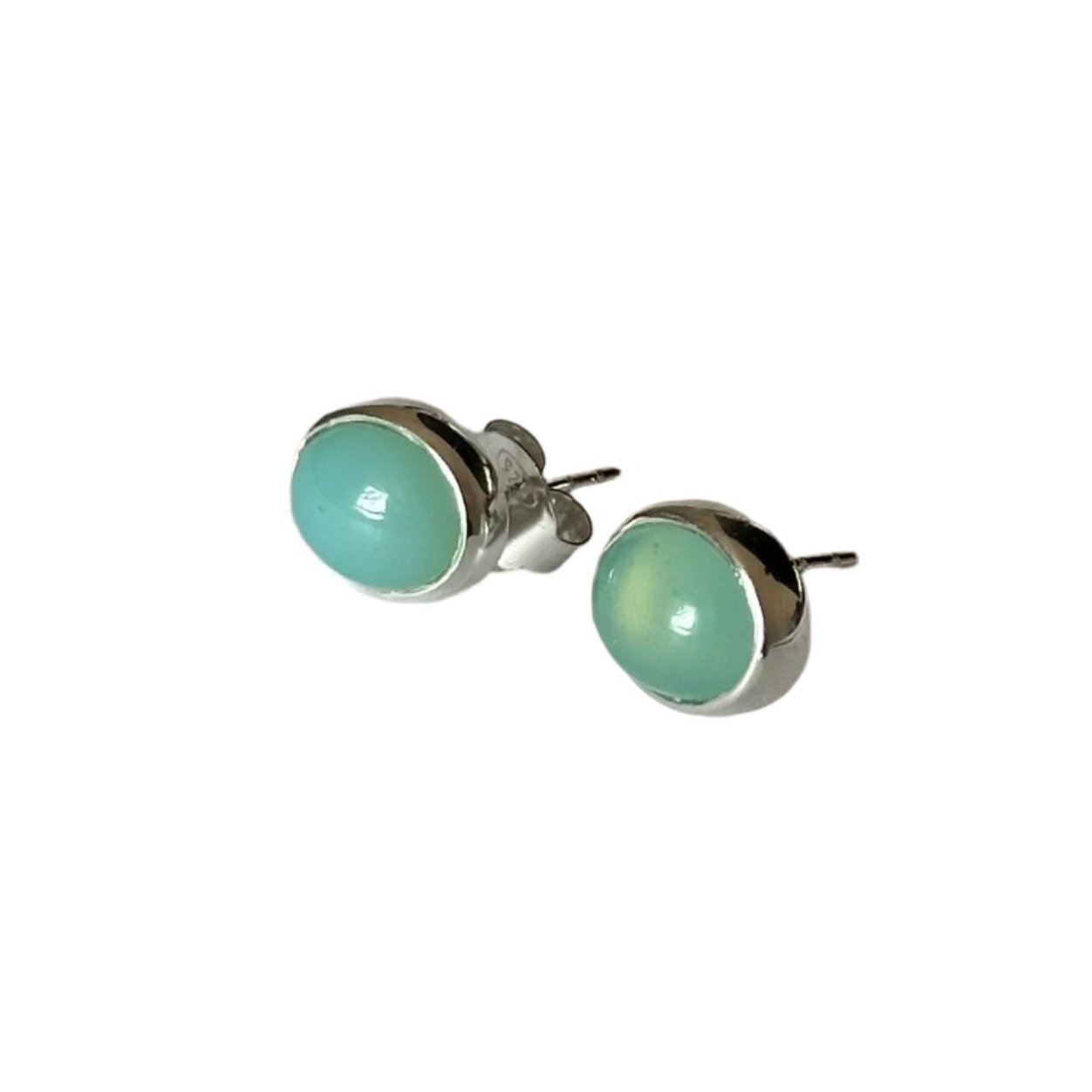 Sterling Silver Oval Stud Earrings with Cabochon Cut Aqua Chalcedony Gemstone - Milina London