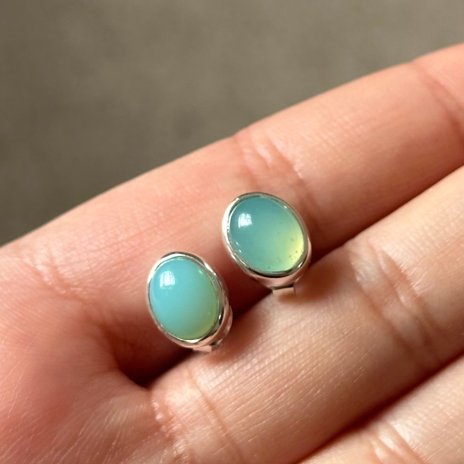 Sterling Silver Oval Stud Earrings with Cabochon Cut Aqua Chalcedony Gemstone - Milina London