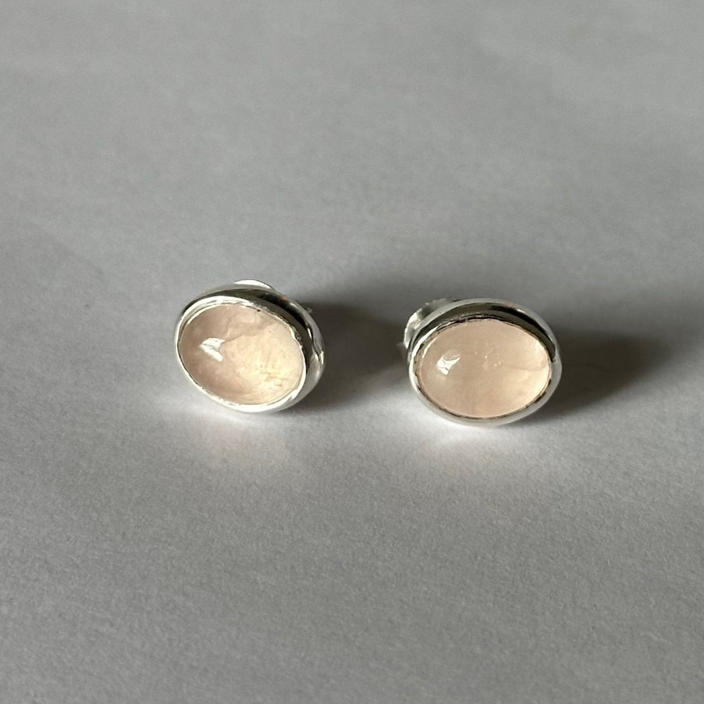 Sterling Silver Oval Stud Earrings with Cabochon Cut Rose Quartz Gemstone - Milina London 