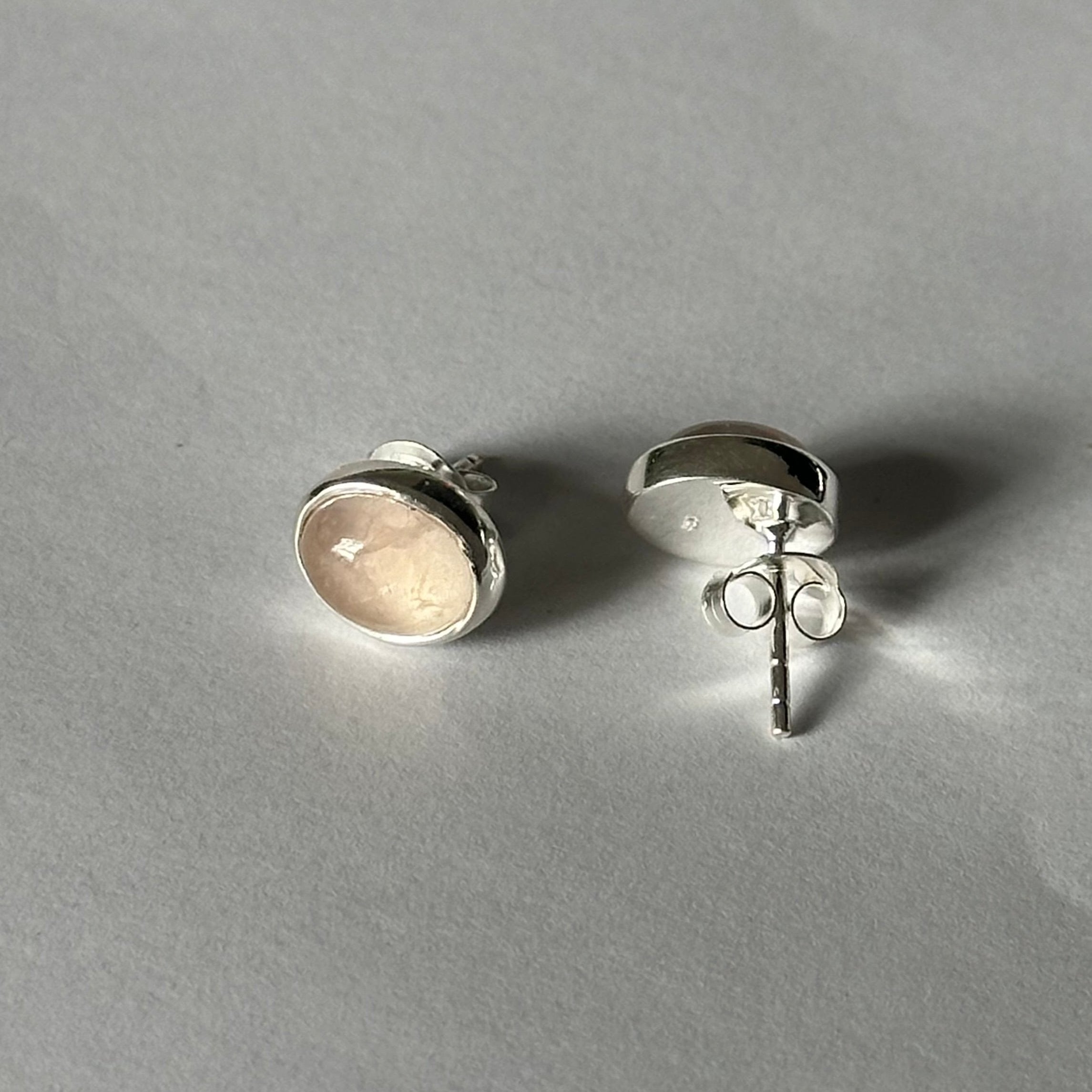 Sterling Silver Oval Stud Earrings with Cabochon Cut Rose Quartz Gemstone - Milina London 