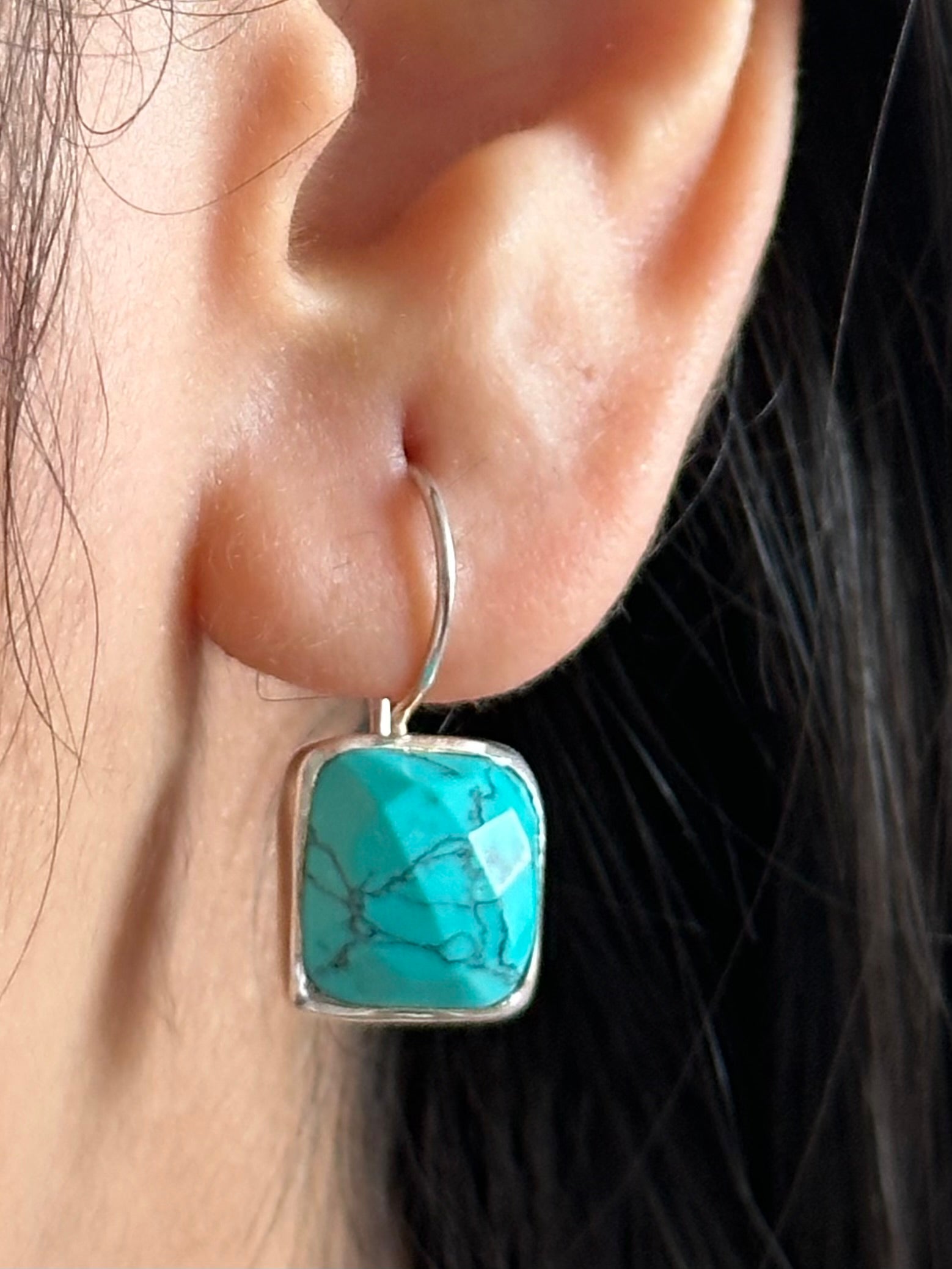 Sterling Silver Square Gemstone Earrings - Turquoise