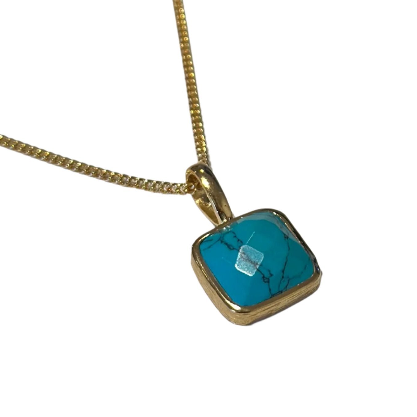 Gold Plated Sterling Silver Pendant Necklace with a Faceted Square Gemstone - Turquoise