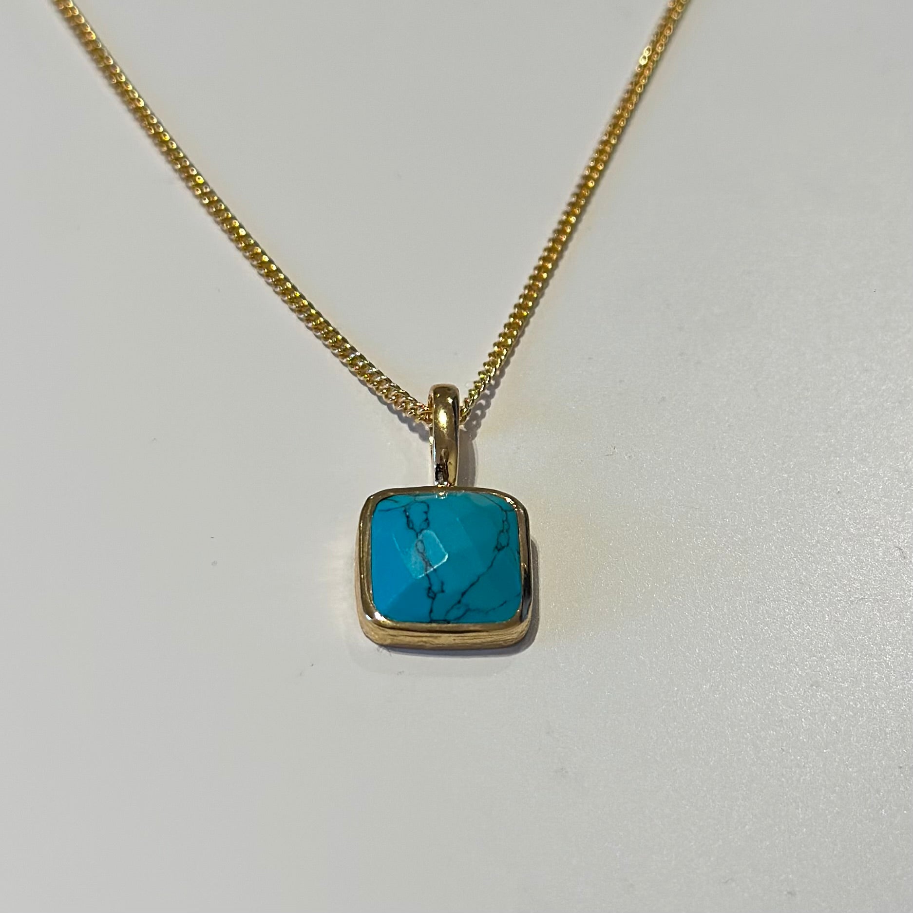 Gold Plated Sterling Silver Pendant Necklace with a Faceted Square Gemstone - Turquoise