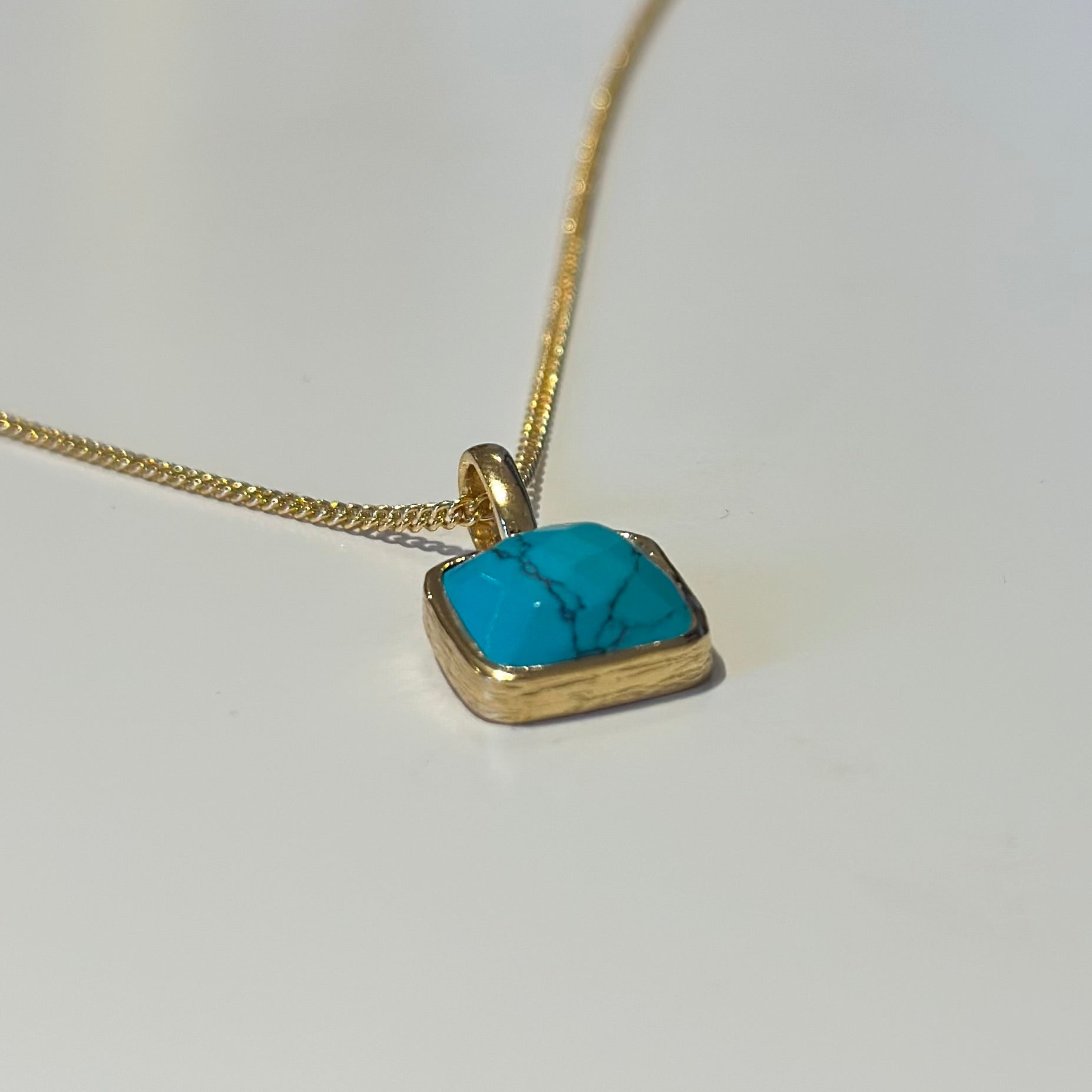 Gold Plated Sterling Silver Pendant Necklace with a Faceted Square Gemstone - Turquoise