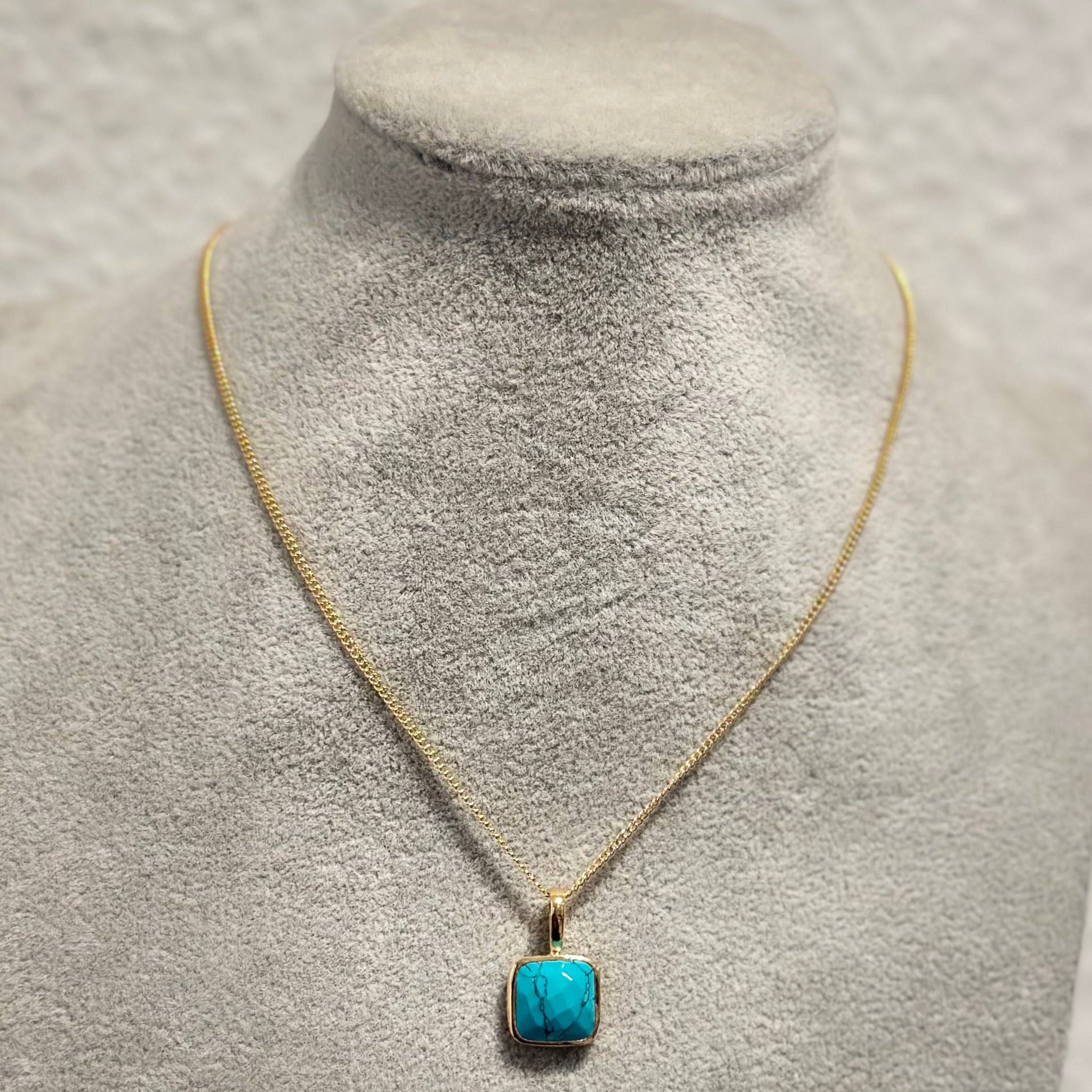 Gold Plated Sterling Silver Pendant Necklace with a Faceted Square Gemstone - Turquoise