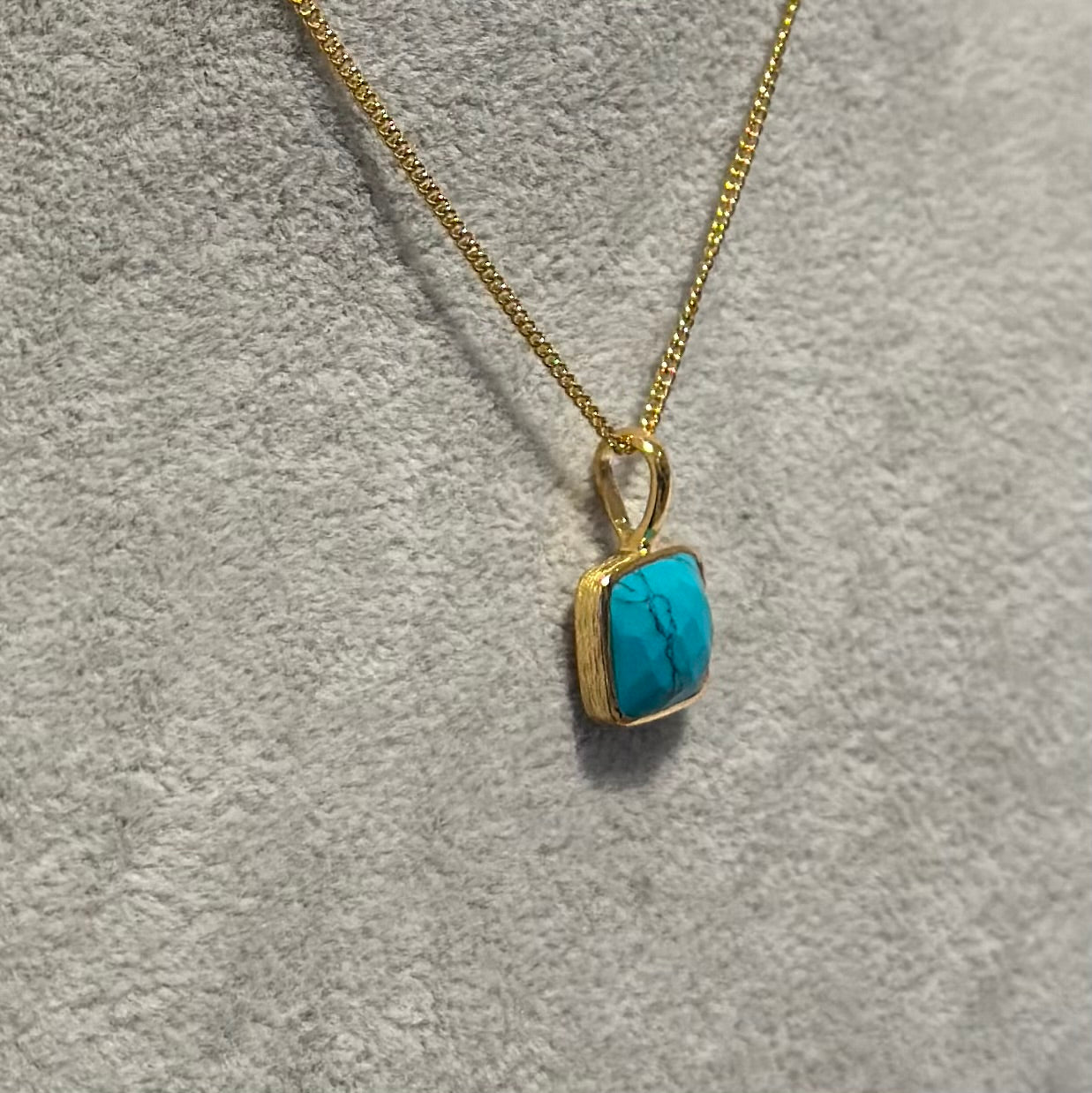 Gold Plated Sterling Silver Pendant Necklace with a Faceted Square Gemstone - Turquoise