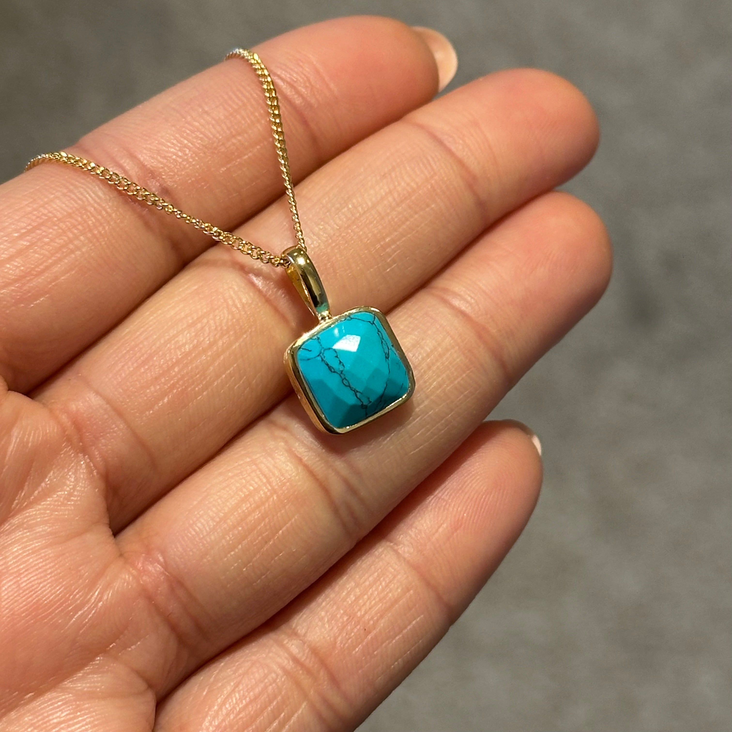 Gold Plated Sterling Silver Pendant Necklace with a Faceted Square Gemstone - Turquoise