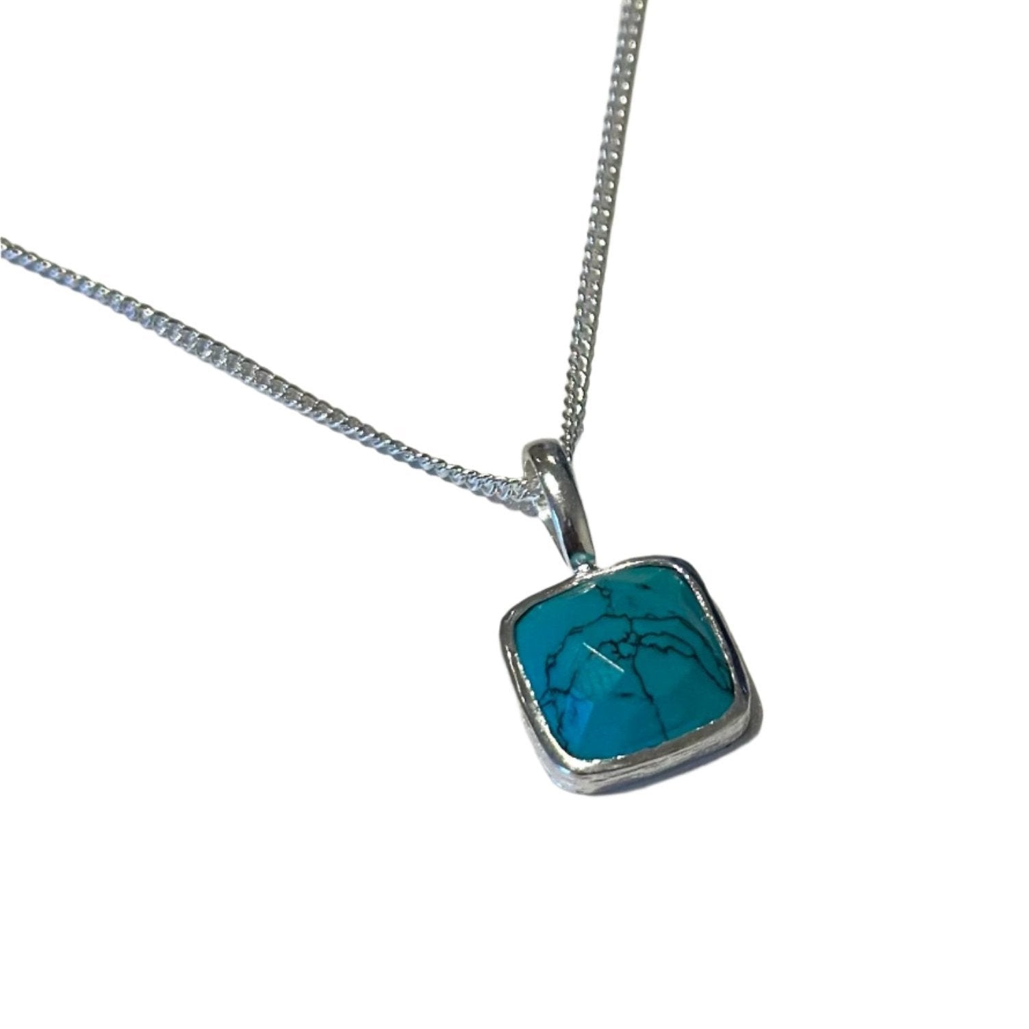 Sterling Silver Pendant Necklace with a Faceted Square Gemstone - Turquoise