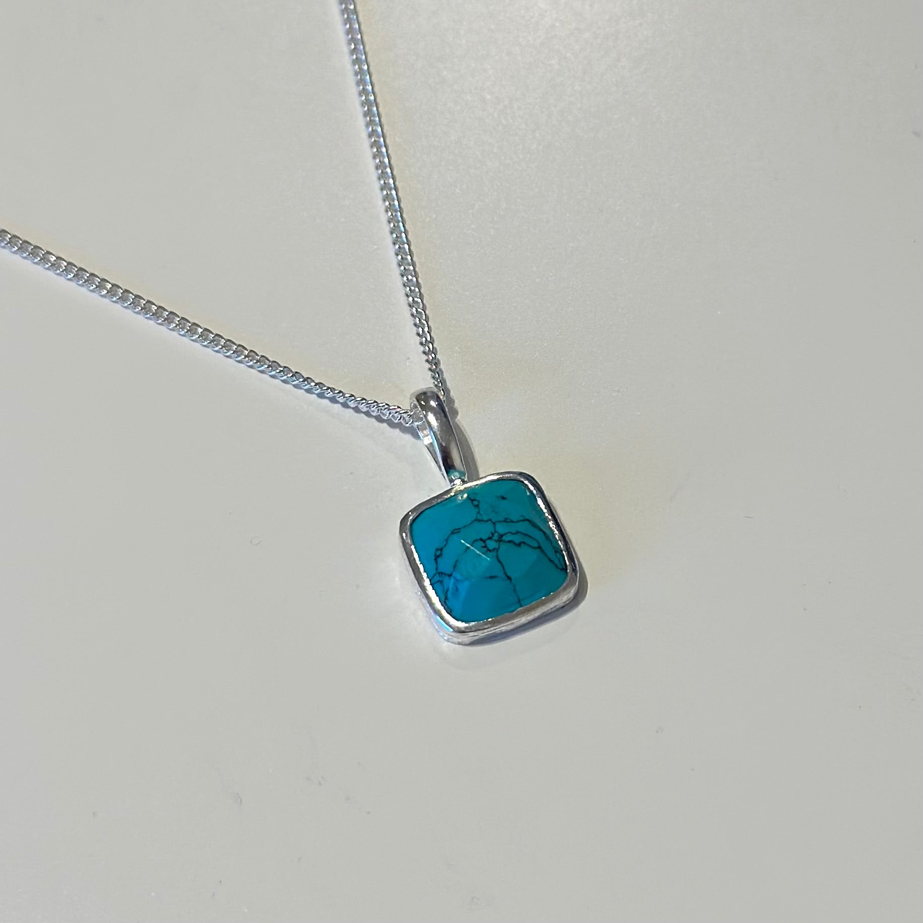 Sterling Silver Pendant Necklace with a Faceted Square Gemstone - Turquoise