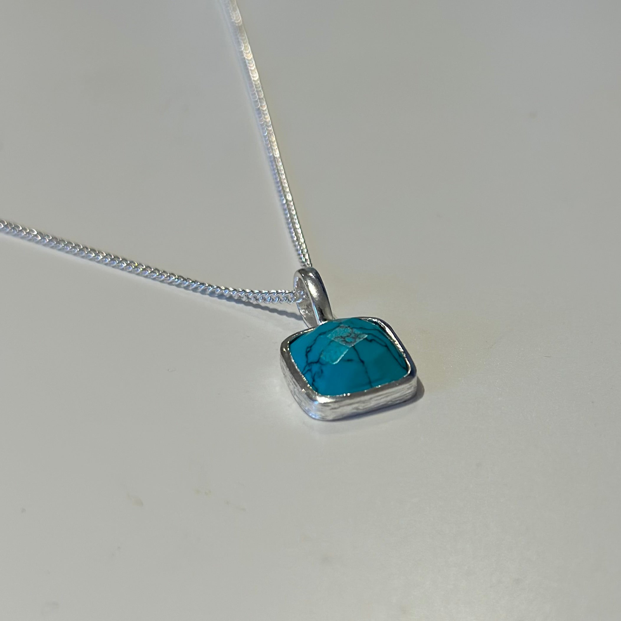 Sterling Silver Pendant Necklace with a Faceted Square Gemstone - Turquoise