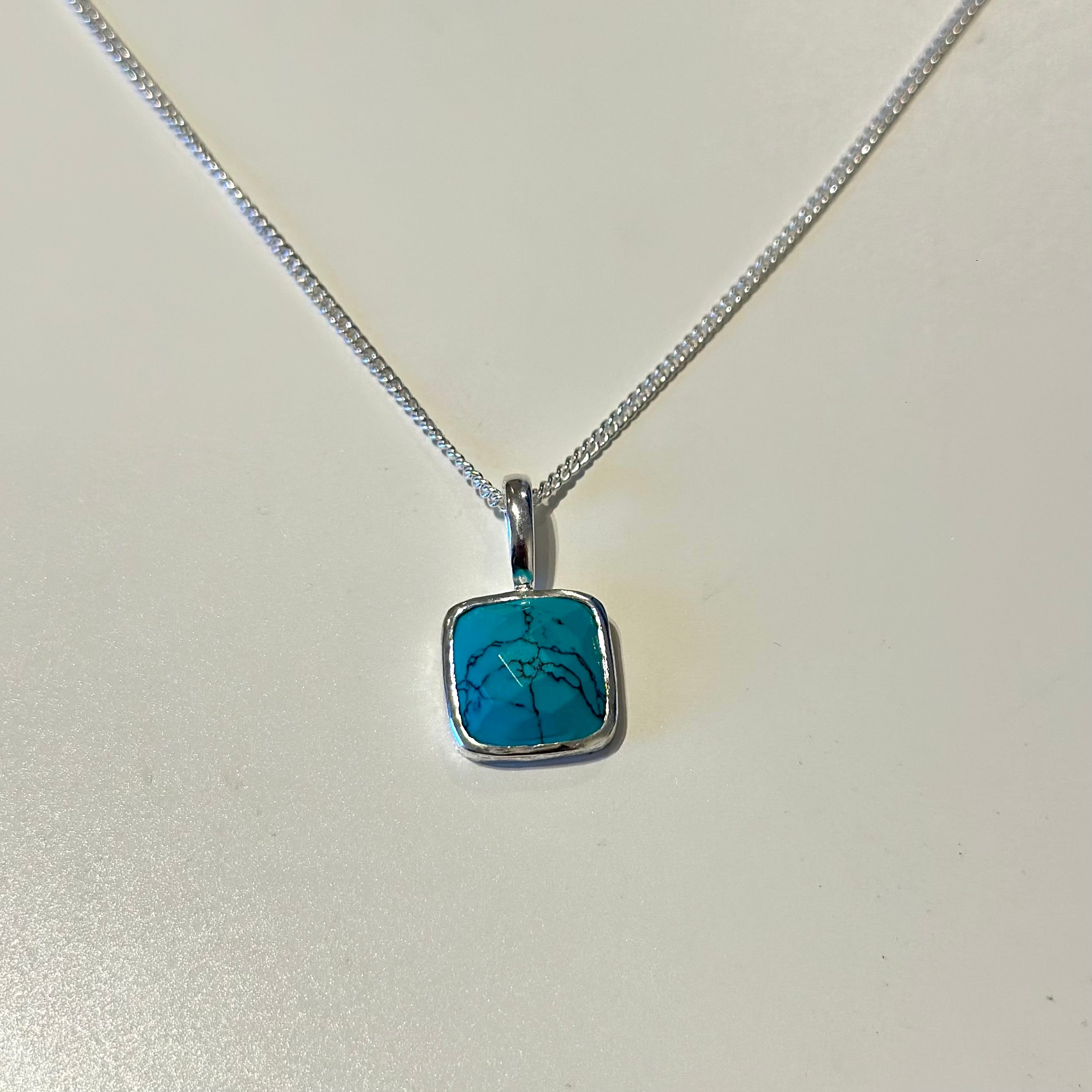 Sterling Silver Pendant Necklace with a Faceted Square Gemstone - Turquoise