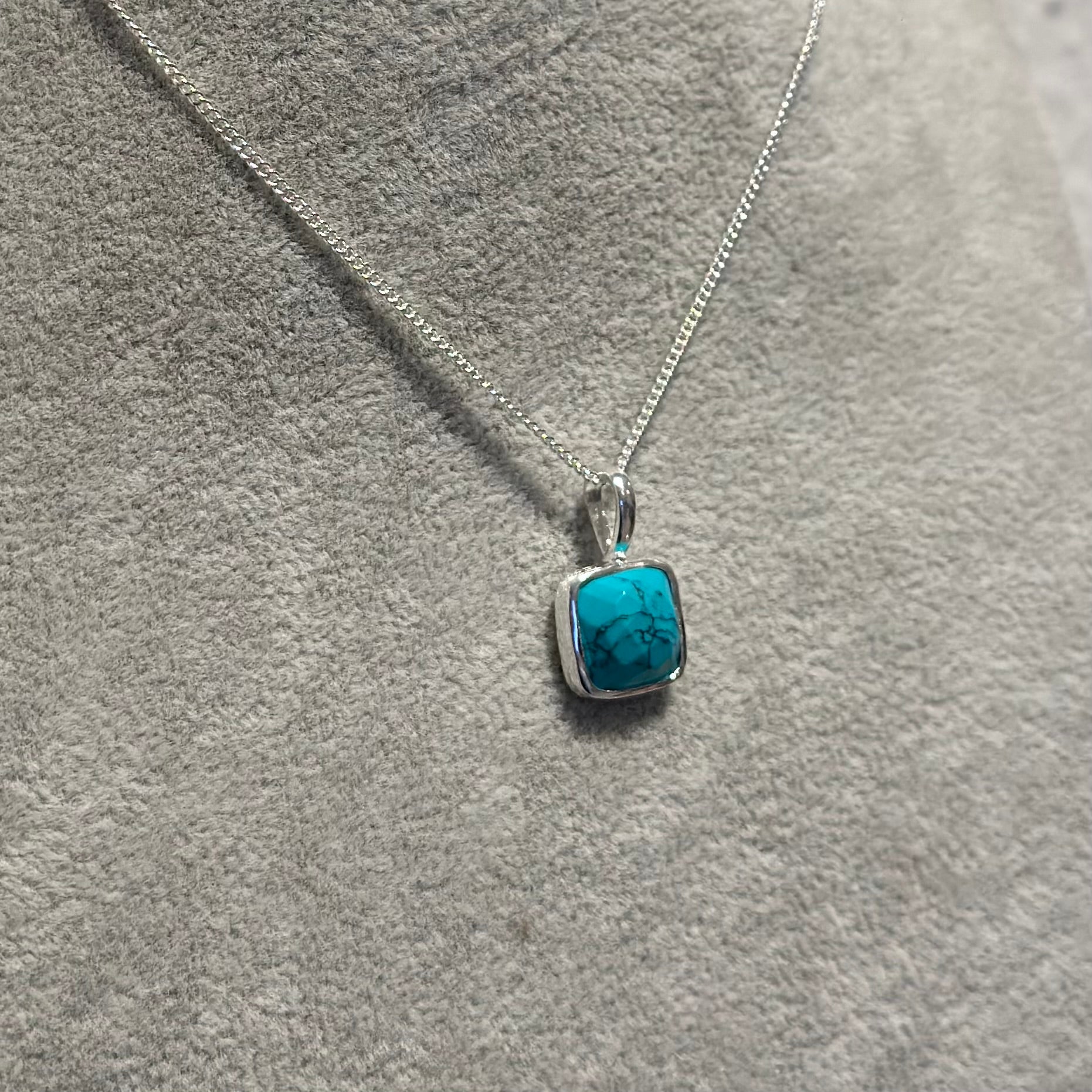 Sterling Silver Pendant Necklace with a Faceted Square Gemstone - Turquoise