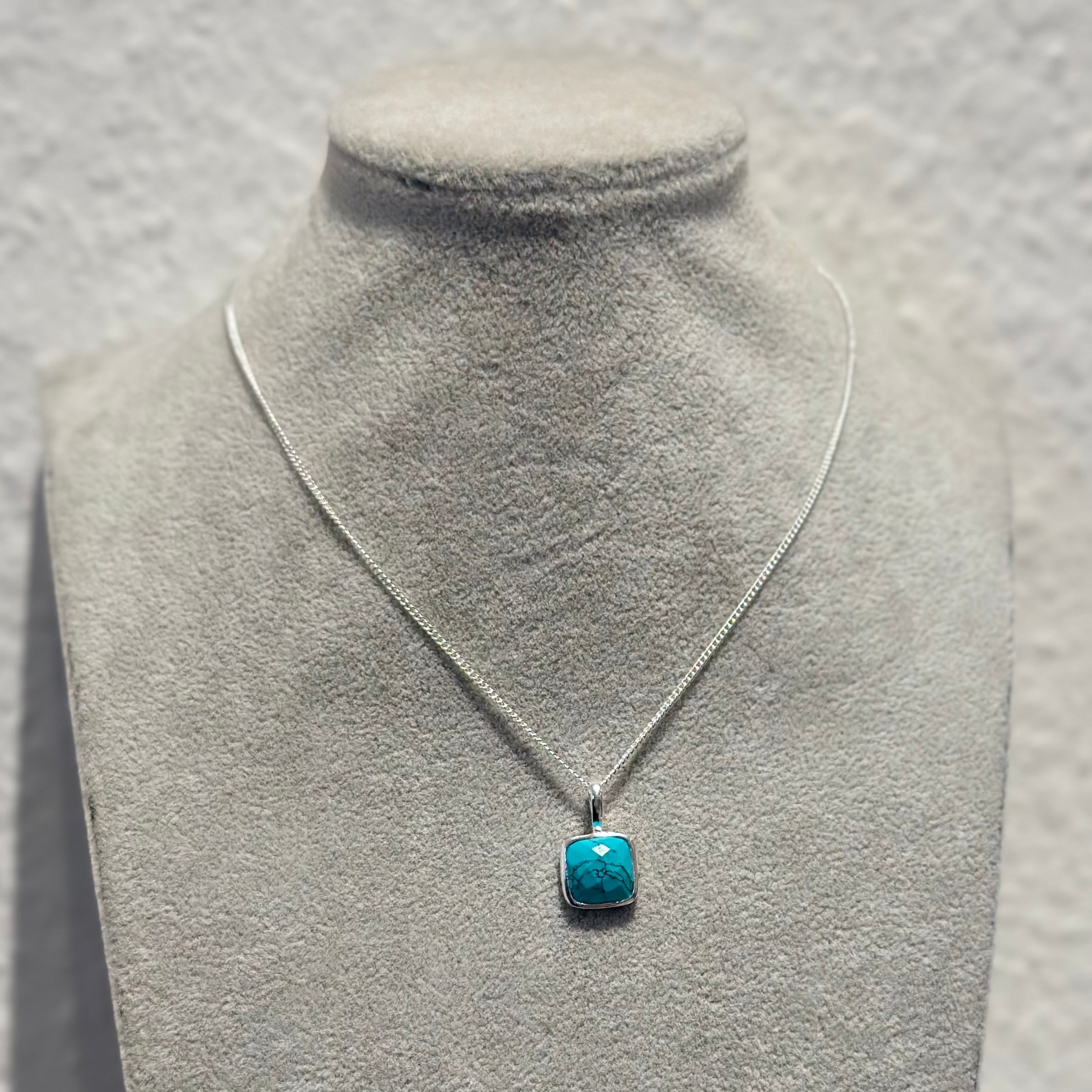 Sterling Silver Pendant Necklace with a Faceted Square Gemstone - Turquoise