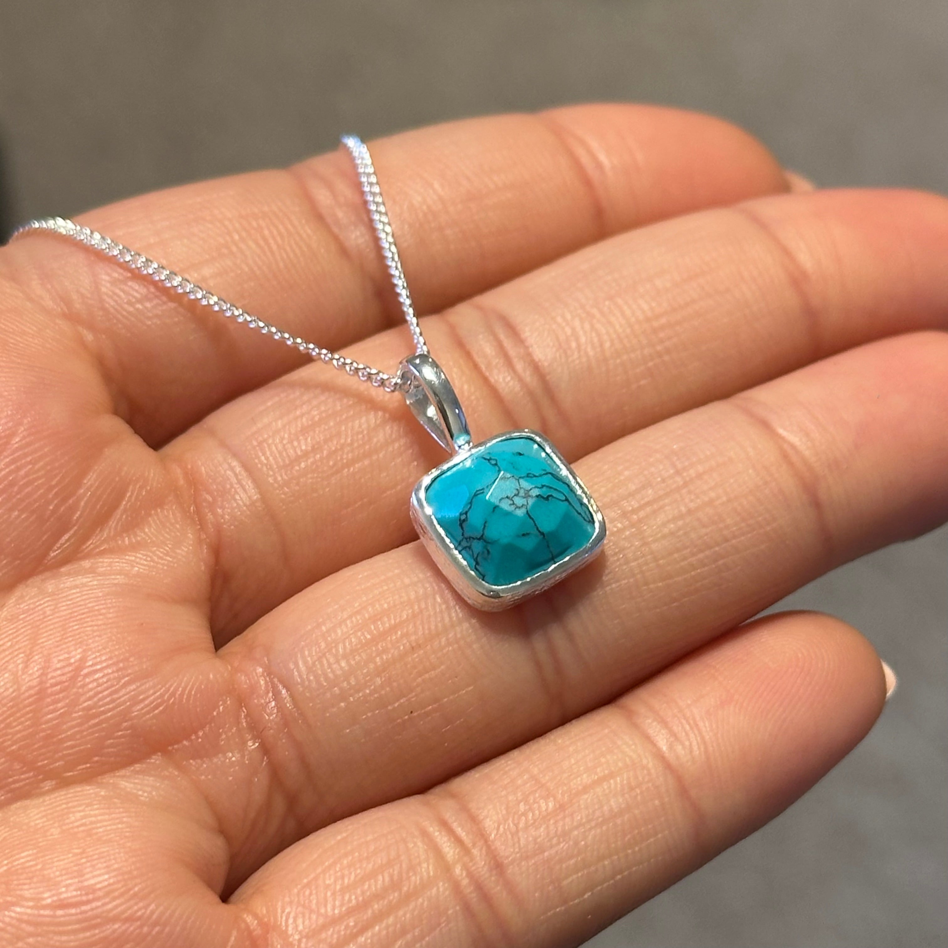 Sterling Silver Pendant Necklace with a Faceted Square Gemstone - Turquoise