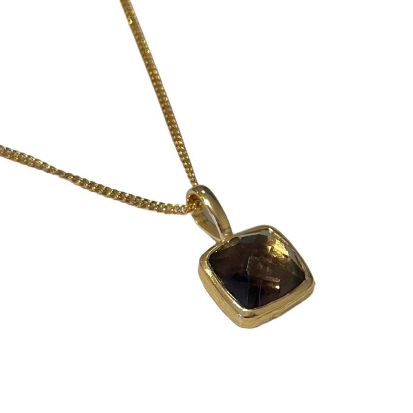 Gold Plated Sterling Silver Pendant Necklace with a Faceted Square Gemstone - Smoky Quartz