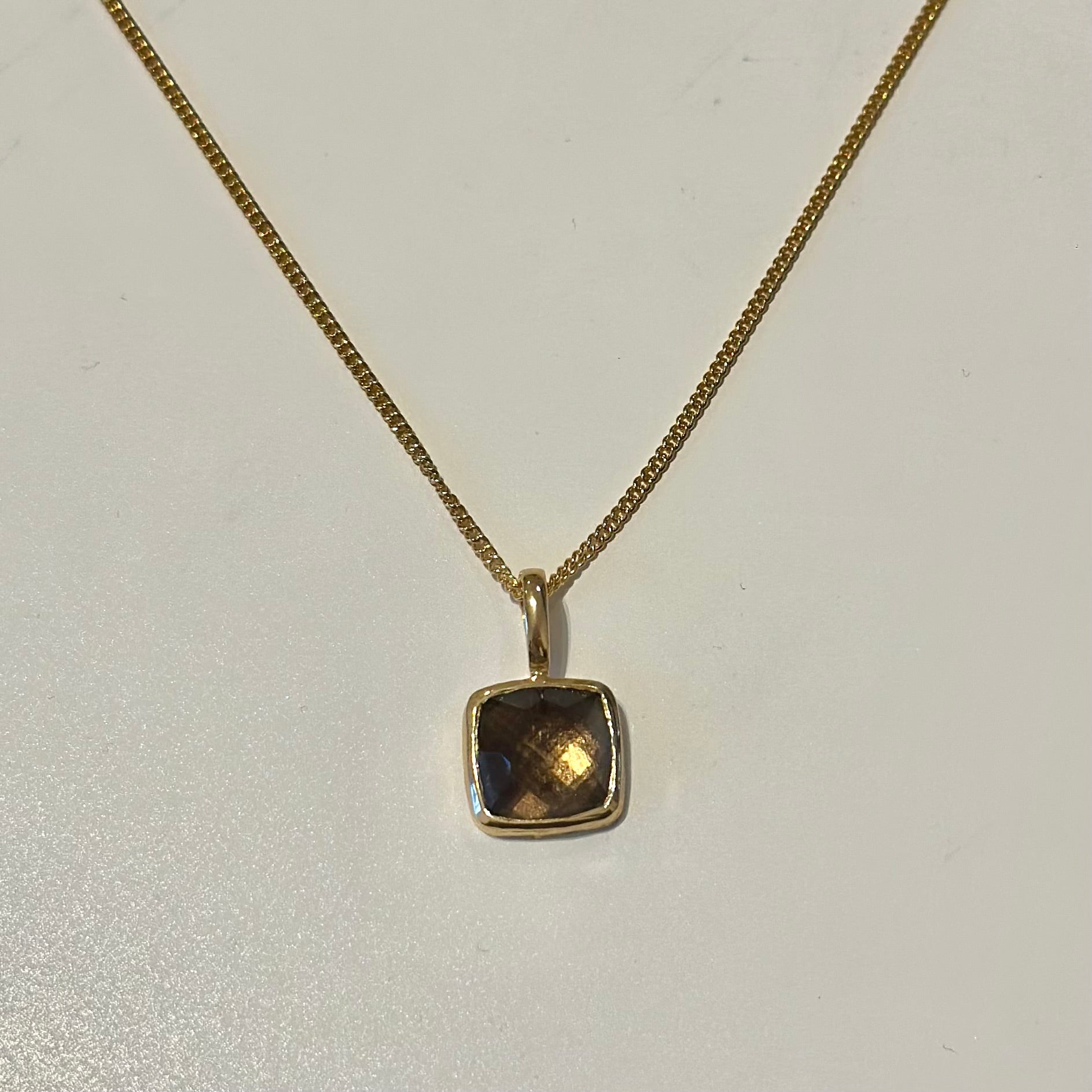 Gold Plated Sterling Silver Pendant Necklace with a Faceted Square Gemstone - Smoky Quartz