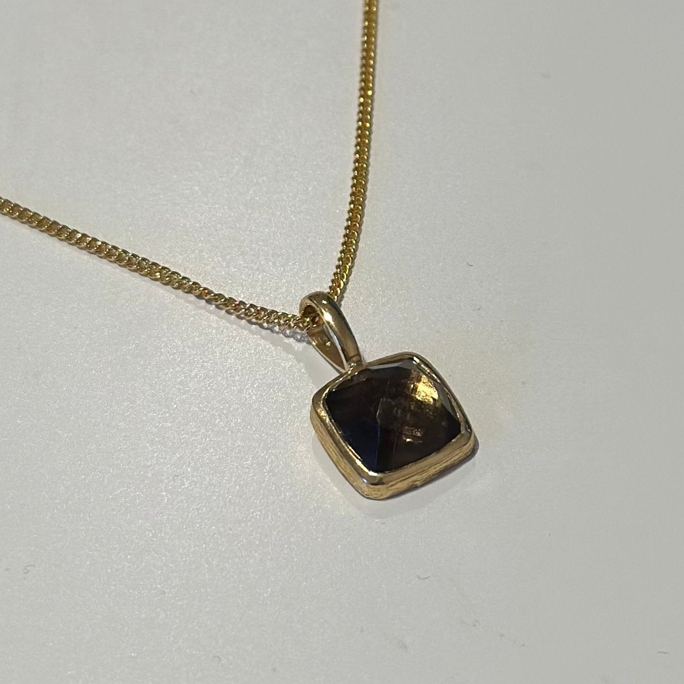 Gold Plated Sterling Silver Pendant Necklace with a Faceted Square Gemstone - Smoky Quartz