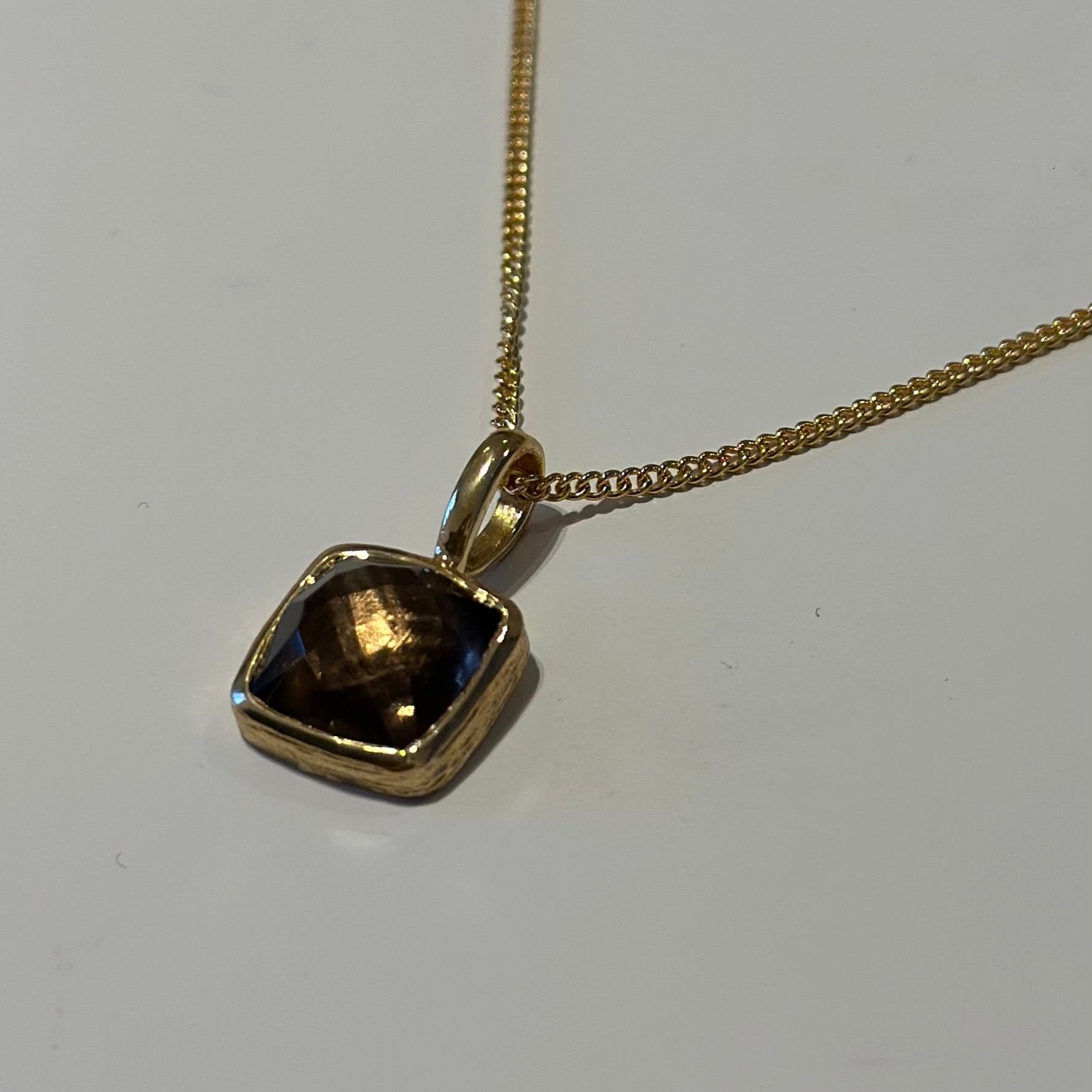 Gold Plated Sterling Silver Pendant Necklace with a Faceted Square Gemstone - Smoky Quartz