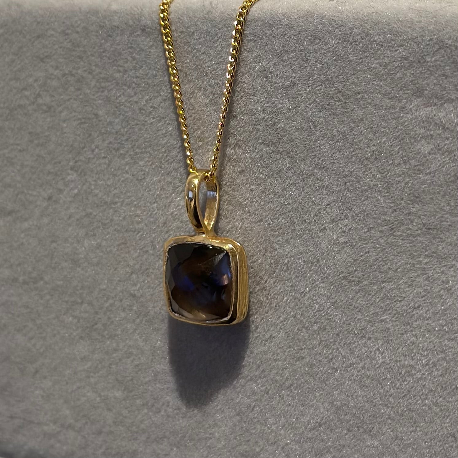 Gold Plated Sterling Silver Pendant Necklace with a Faceted Square Gemstone - Smoky Quartz