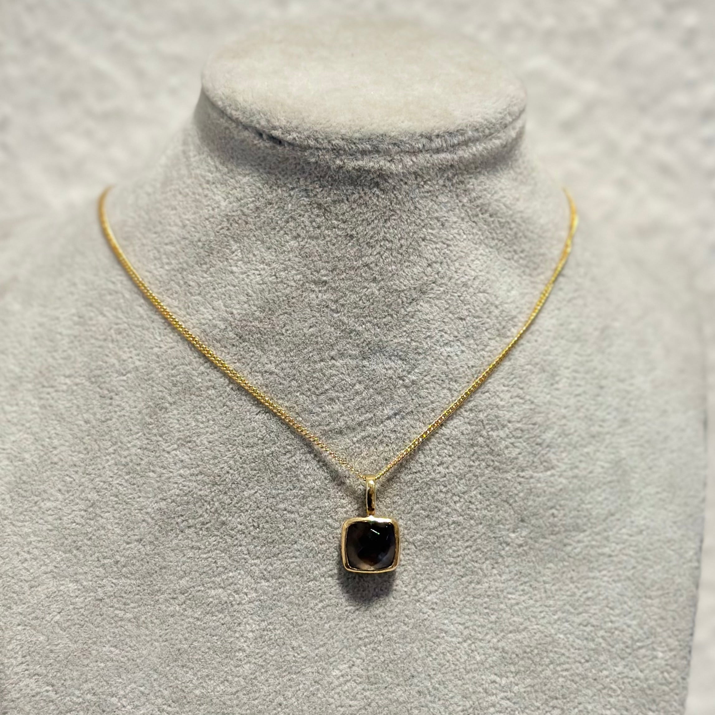 Gold Plated Sterling Silver Pendant Necklace with a Faceted Square Gemstone - Smoky Quartz