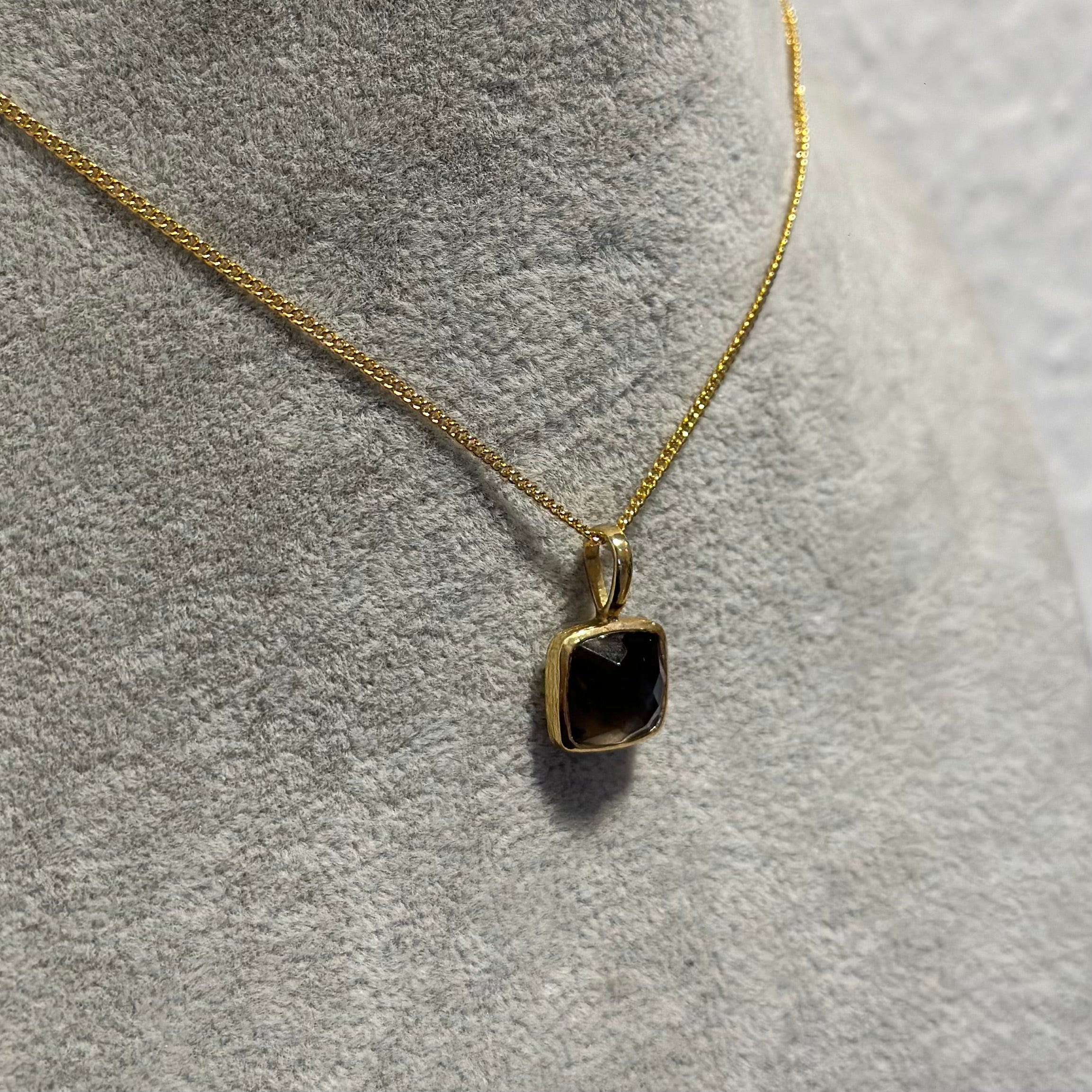 Gold Plated Sterling Silver Pendant Necklace with a Faceted Square Gemstone - Smoky Quartz