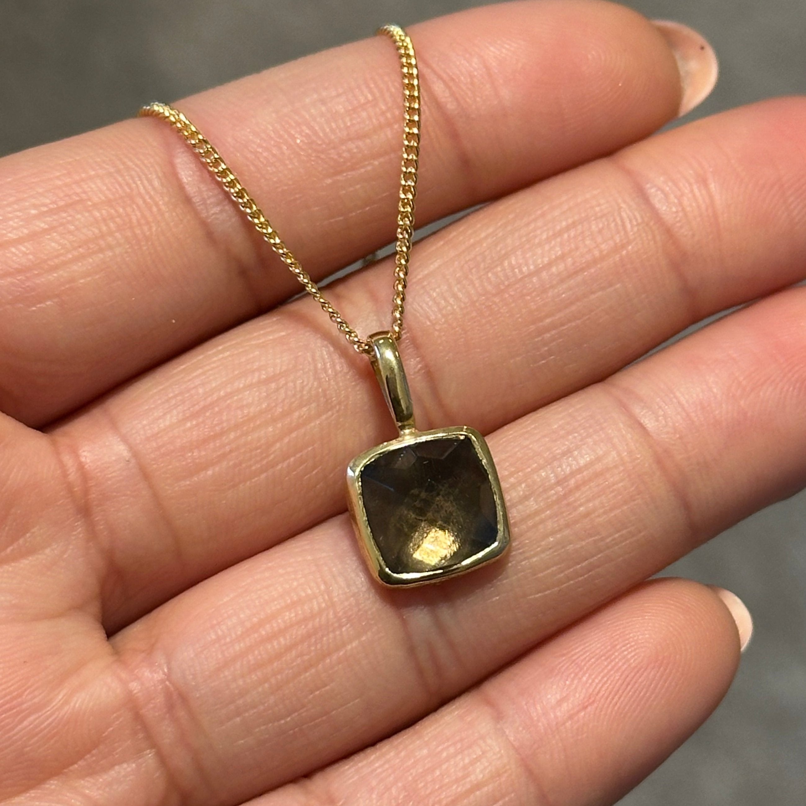 Gold Plated Sterling Silver Pendant Necklace with a Faceted Square Gemstone - Smoky Quartz