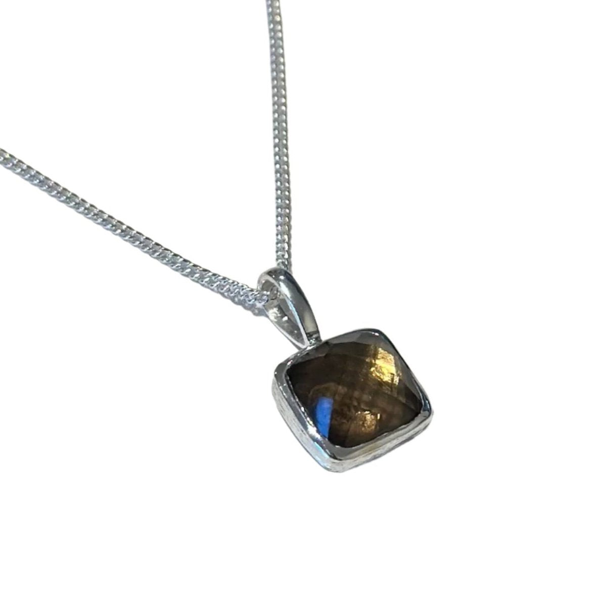 Sterling Silver Pendant Necklace with a Faceted Square Gemstone - Smoky Quartz