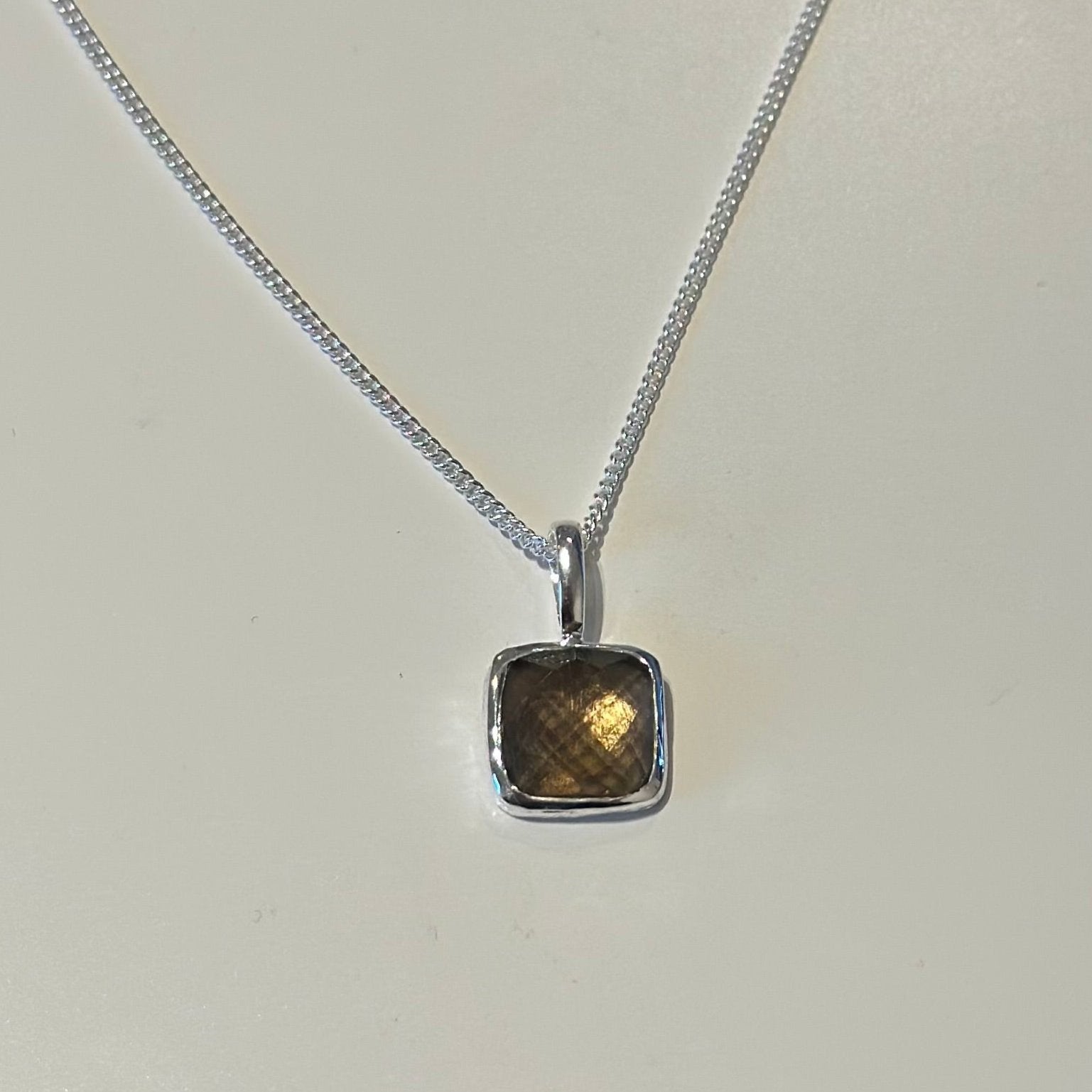 Sterling Silver Pendant Necklace with a Faceted Square Gemstone - Smoky Quartz