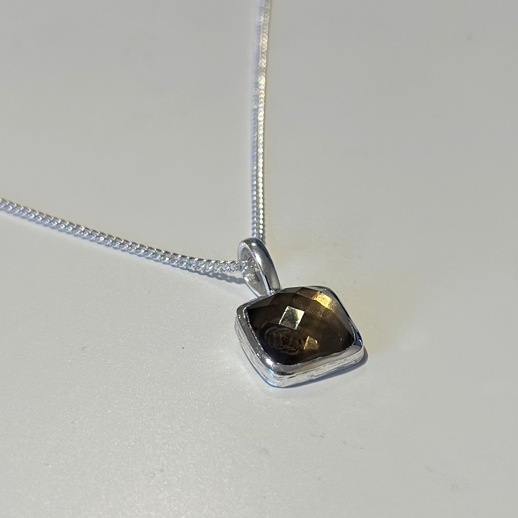 Sterling Silver Pendant Necklace with a Faceted Square Gemstone - Smoky Quartz