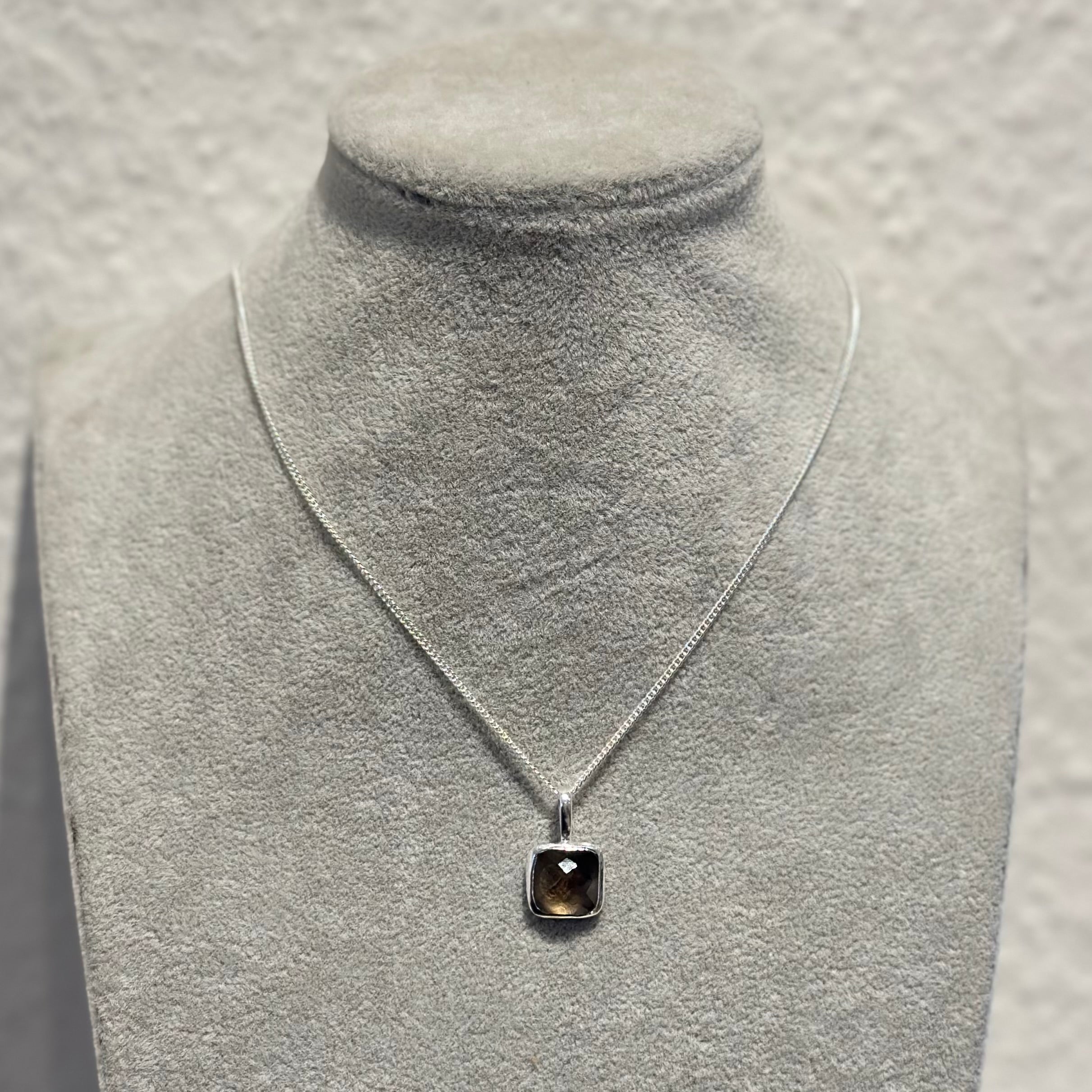 Sterling Silver Pendant Necklace with a Faceted Square Gemstone - Smoky Quartz