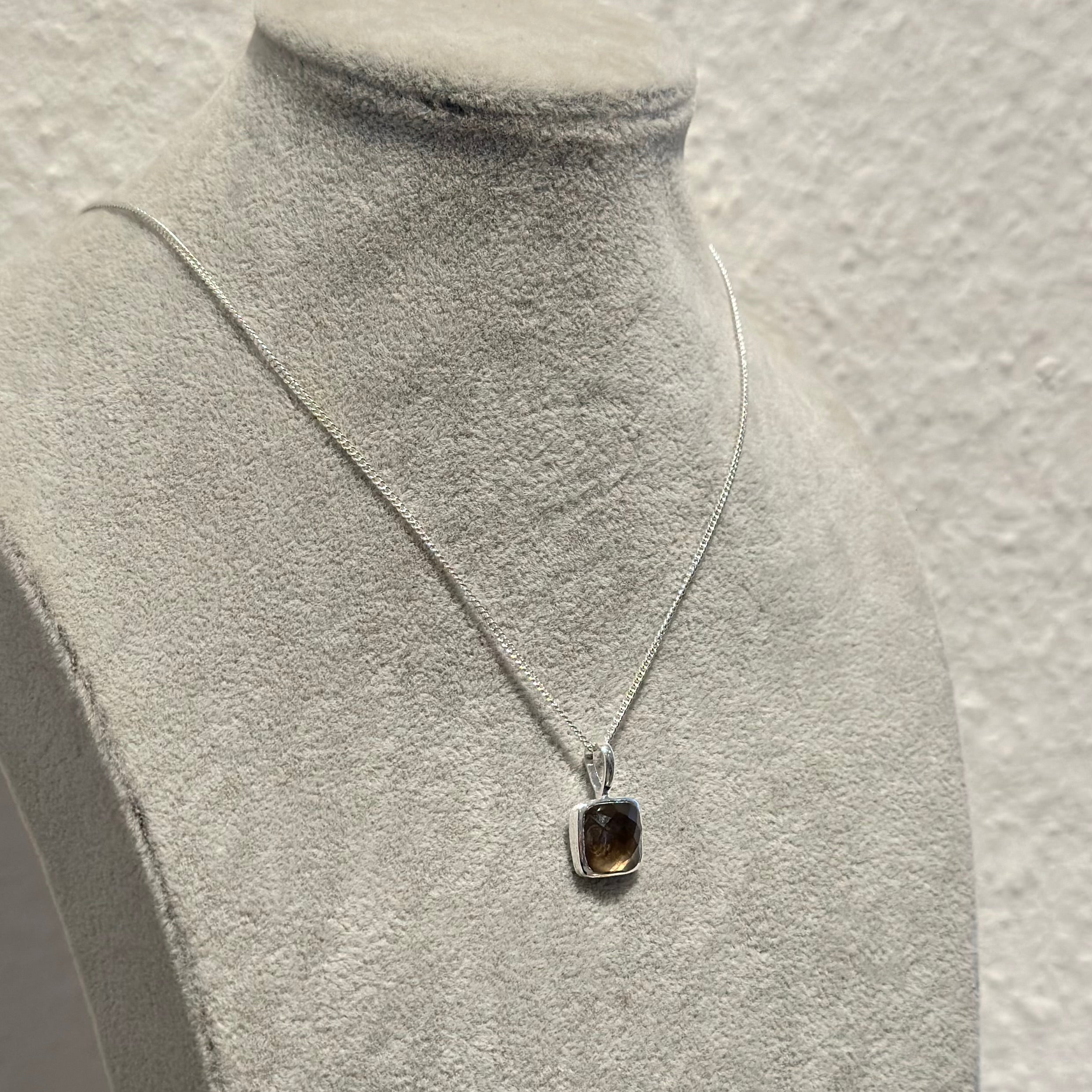 Sterling Silver Pendant Necklace with a Faceted Square Gemstone - Smoky Quartz